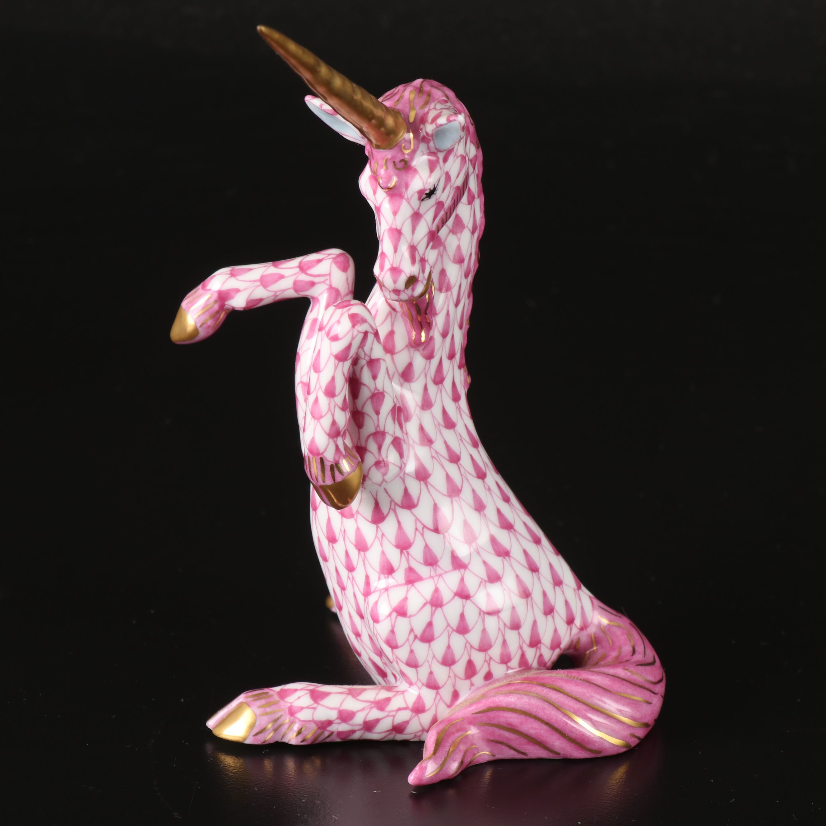 Herend Raspberry Fishnet with Gold "Unicorn" Porcelain Figurine