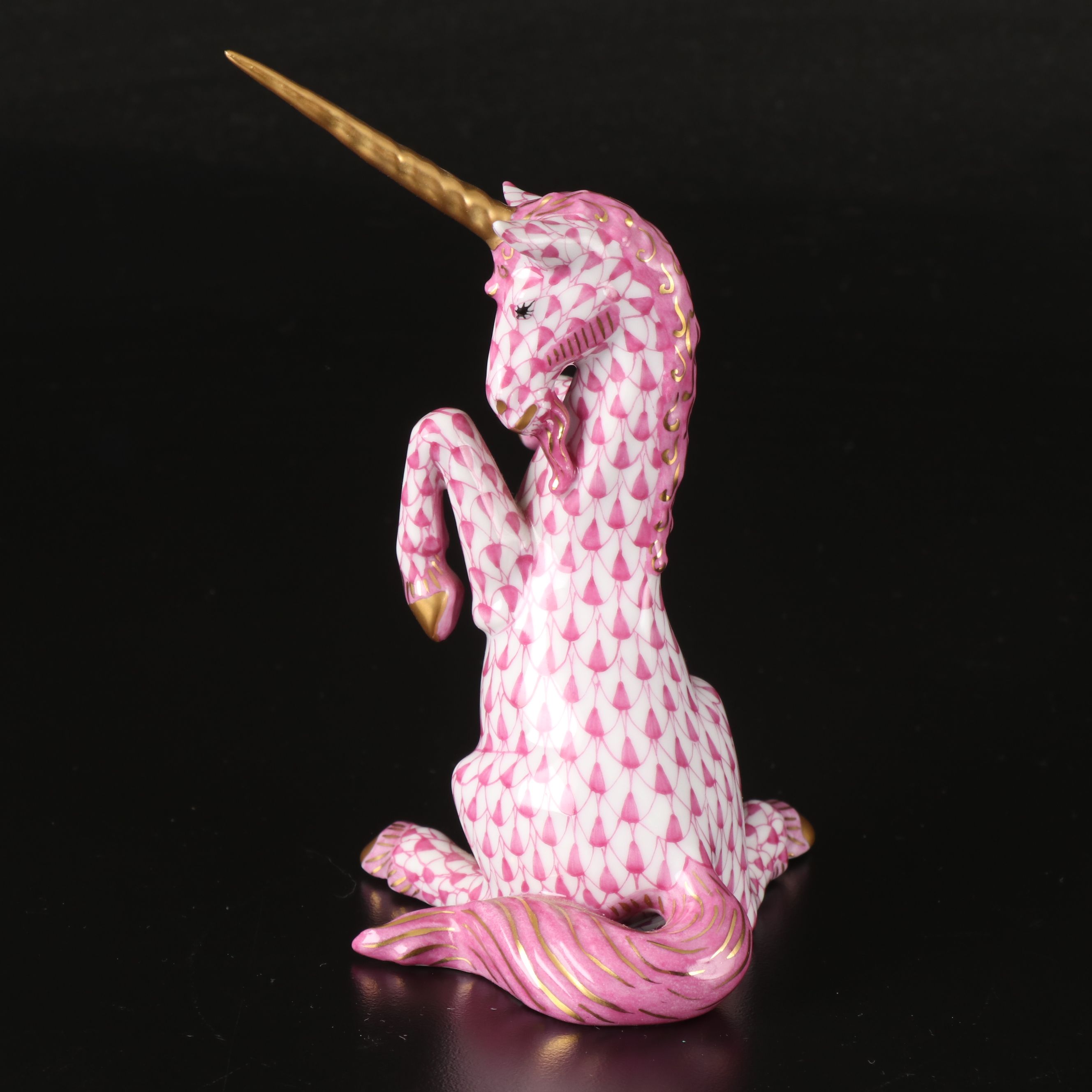 Herend Raspberry Fishnet with Gold "Unicorn" Porcelain Figurine