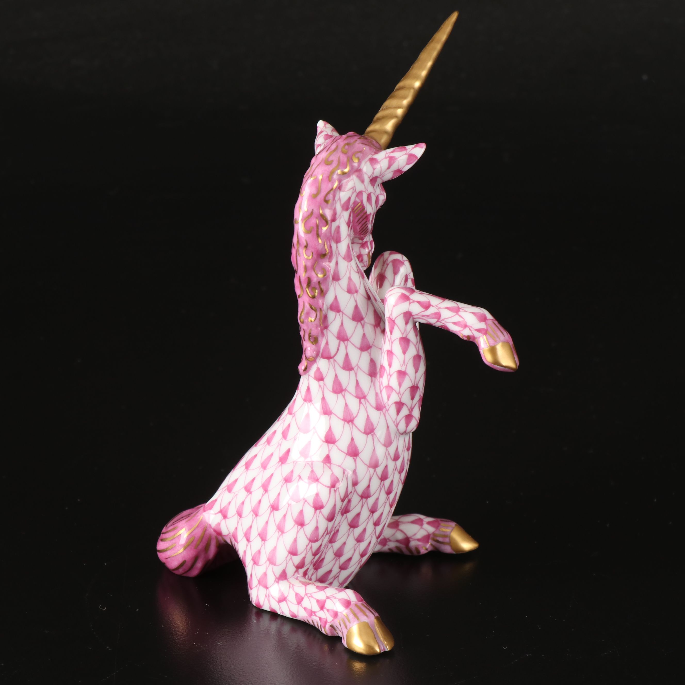 Herend Raspberry Fishnet with Gold "Unicorn" Porcelain Figurine
