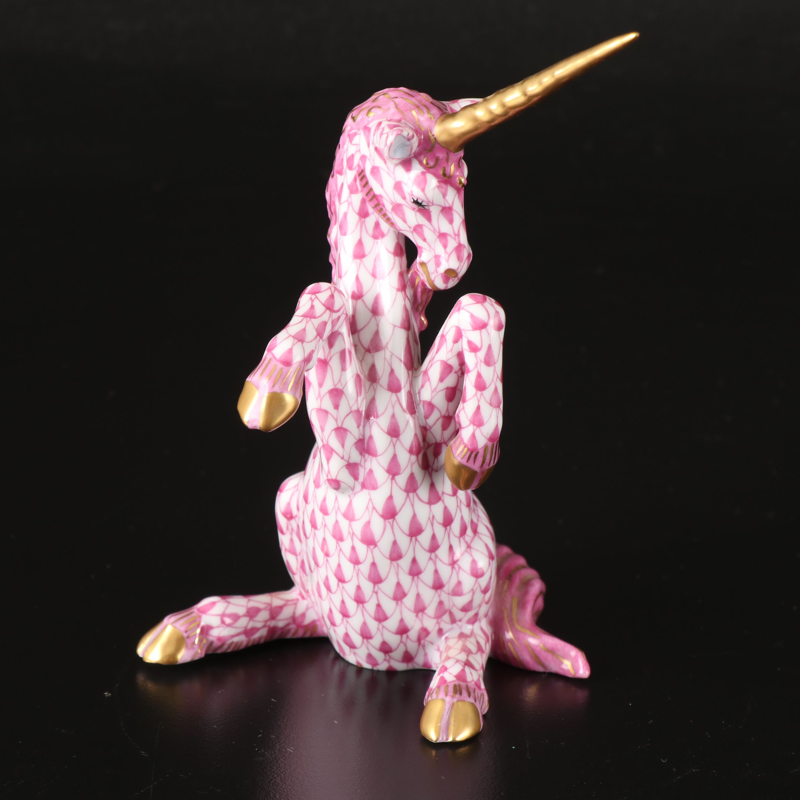 Herend Raspberry Fishnet with Gold "Unicorn" Porcelain Figurine