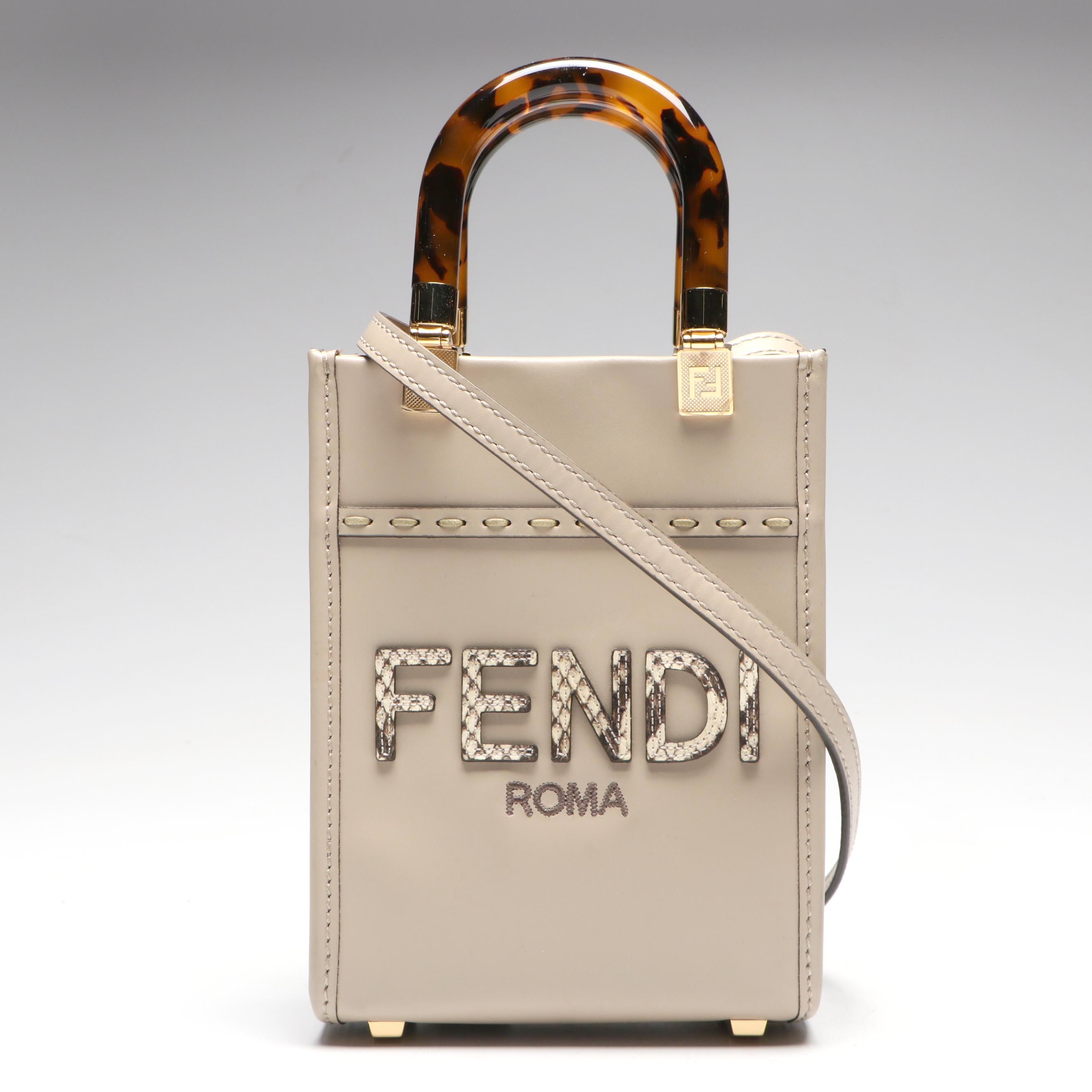 Fendi Mini Sunshine Top Handle Shopper Tote in Taupe Leather w/ Faux Snakeskin