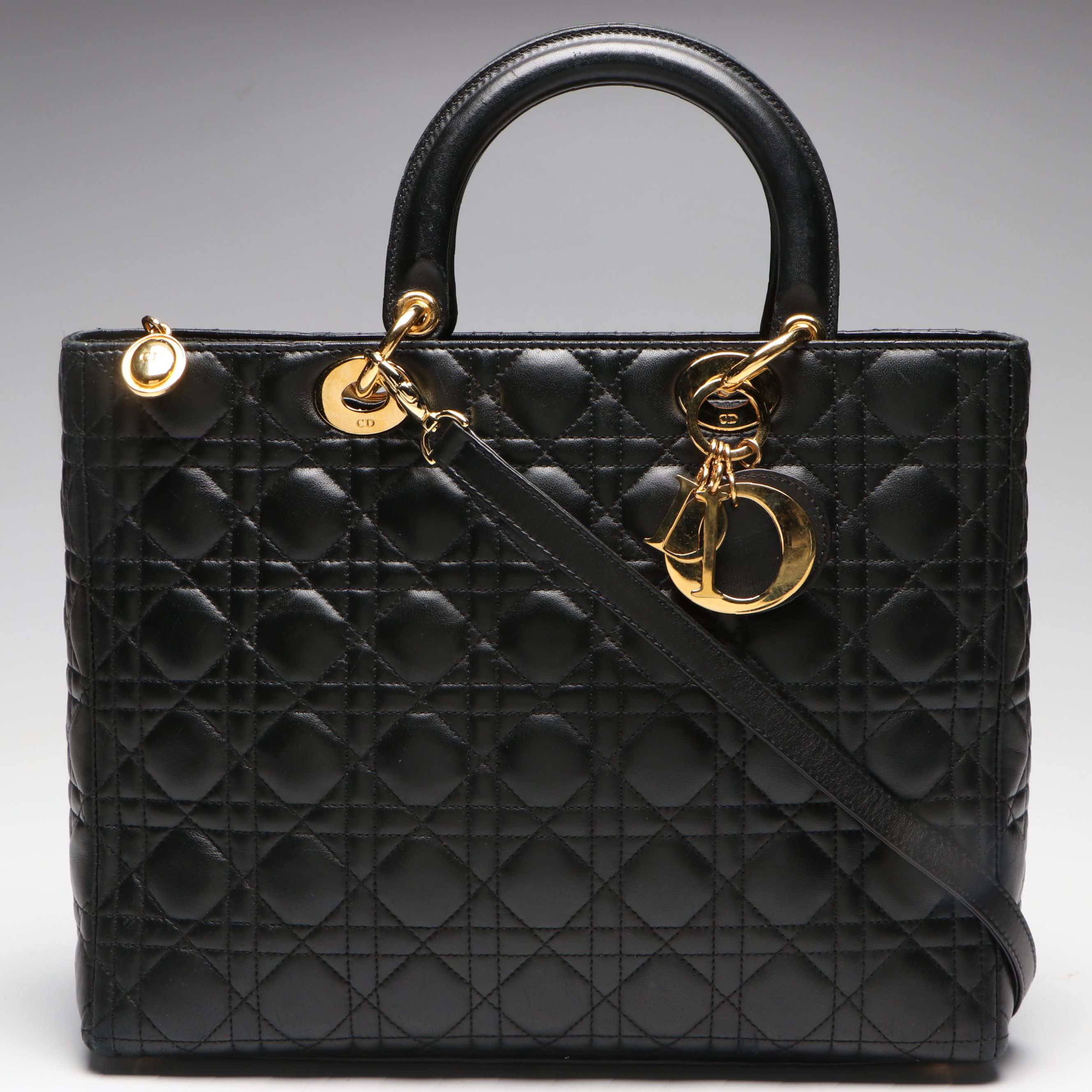 Christian Dior Large Lady Dior Two-Way Bag in Black Cannage Quilted Lambskin