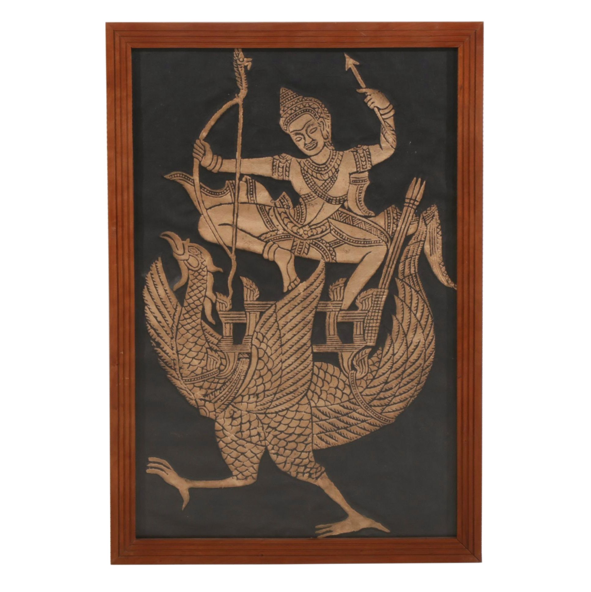 Embossed Thai Temple Rubbing Featuring a Deity Riding a Garuda