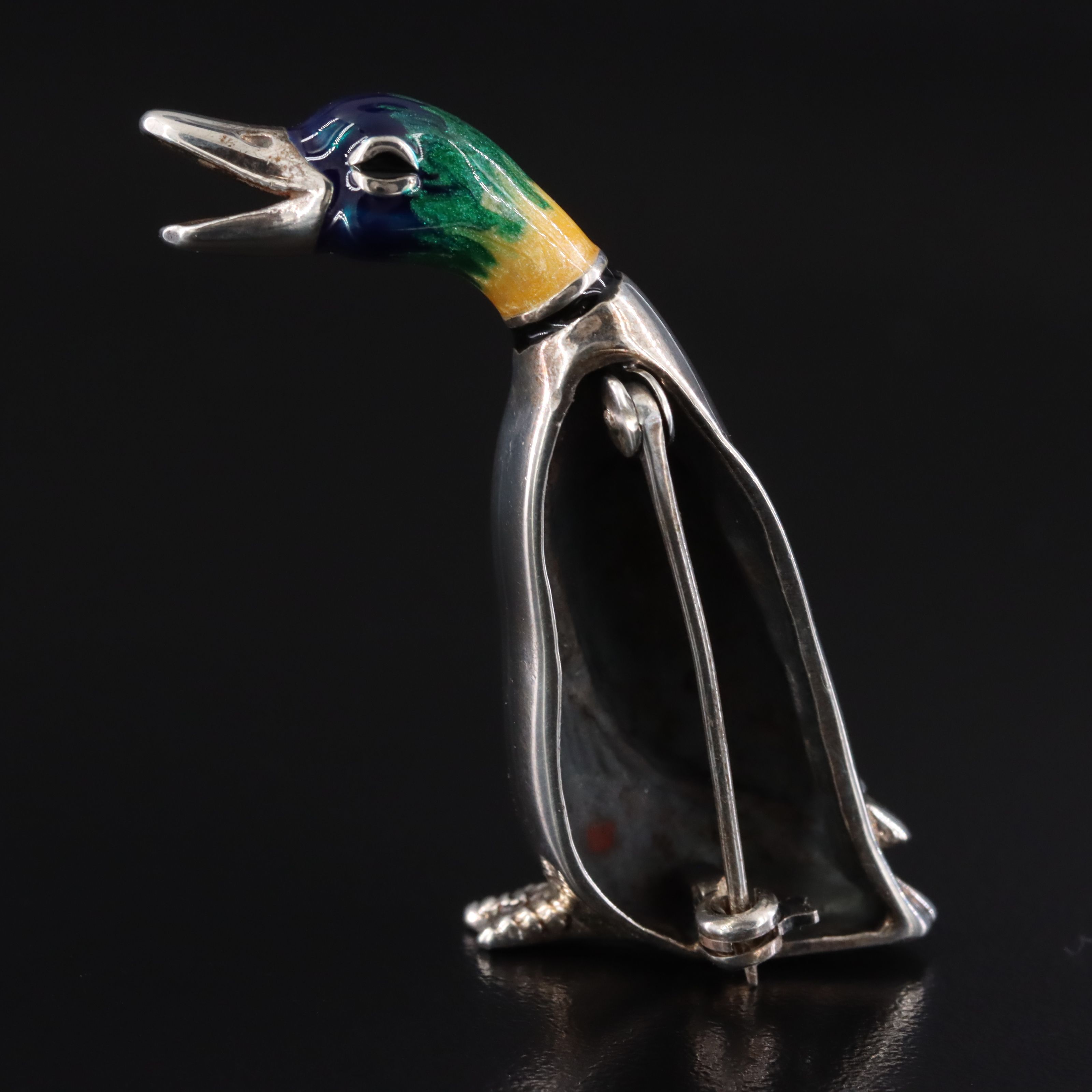 Italian Sterling Enamel Duck Brooch, Attributed to Saturno