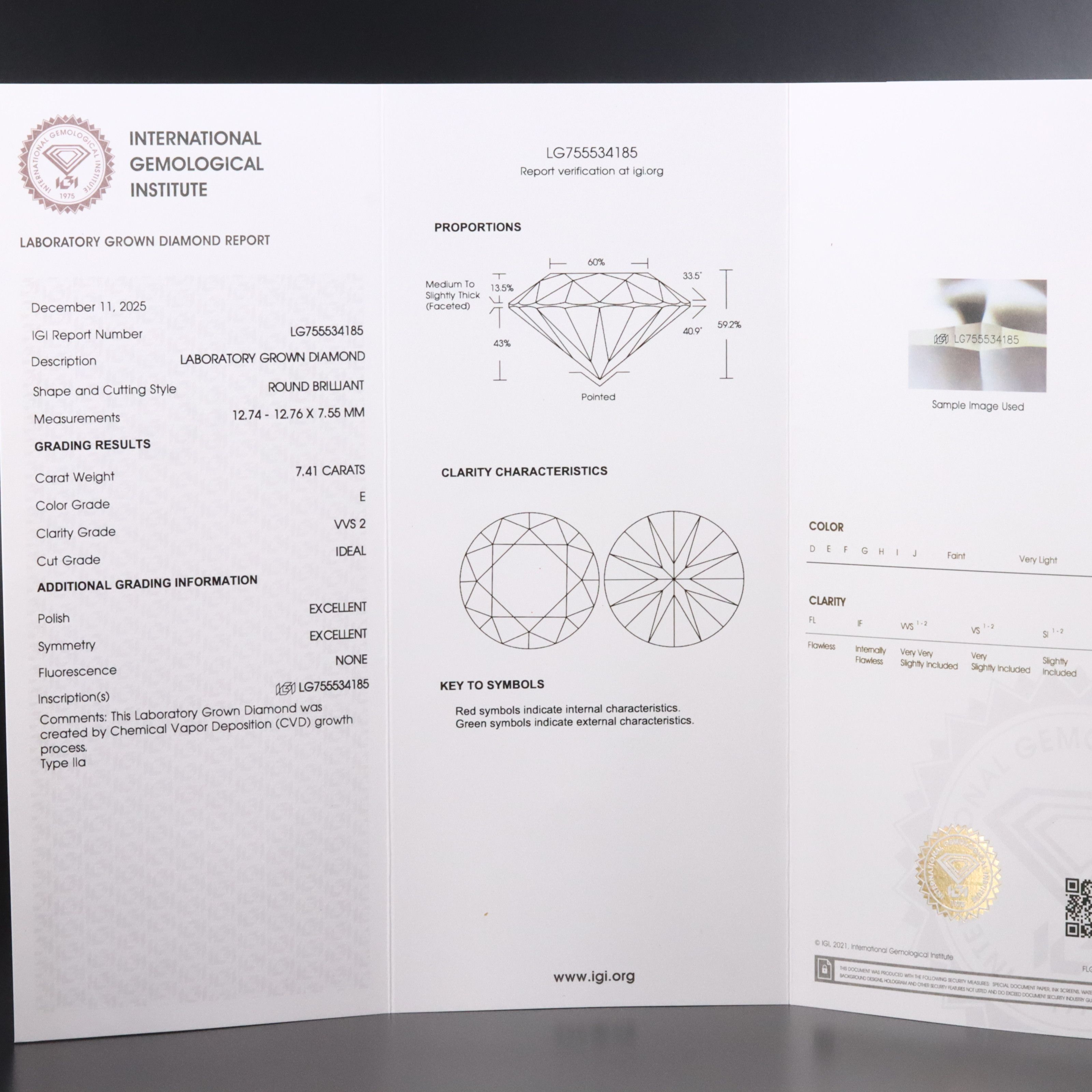 18K 7.41 CT Lab Grown Diamond Solitaire Ring with IGI Report