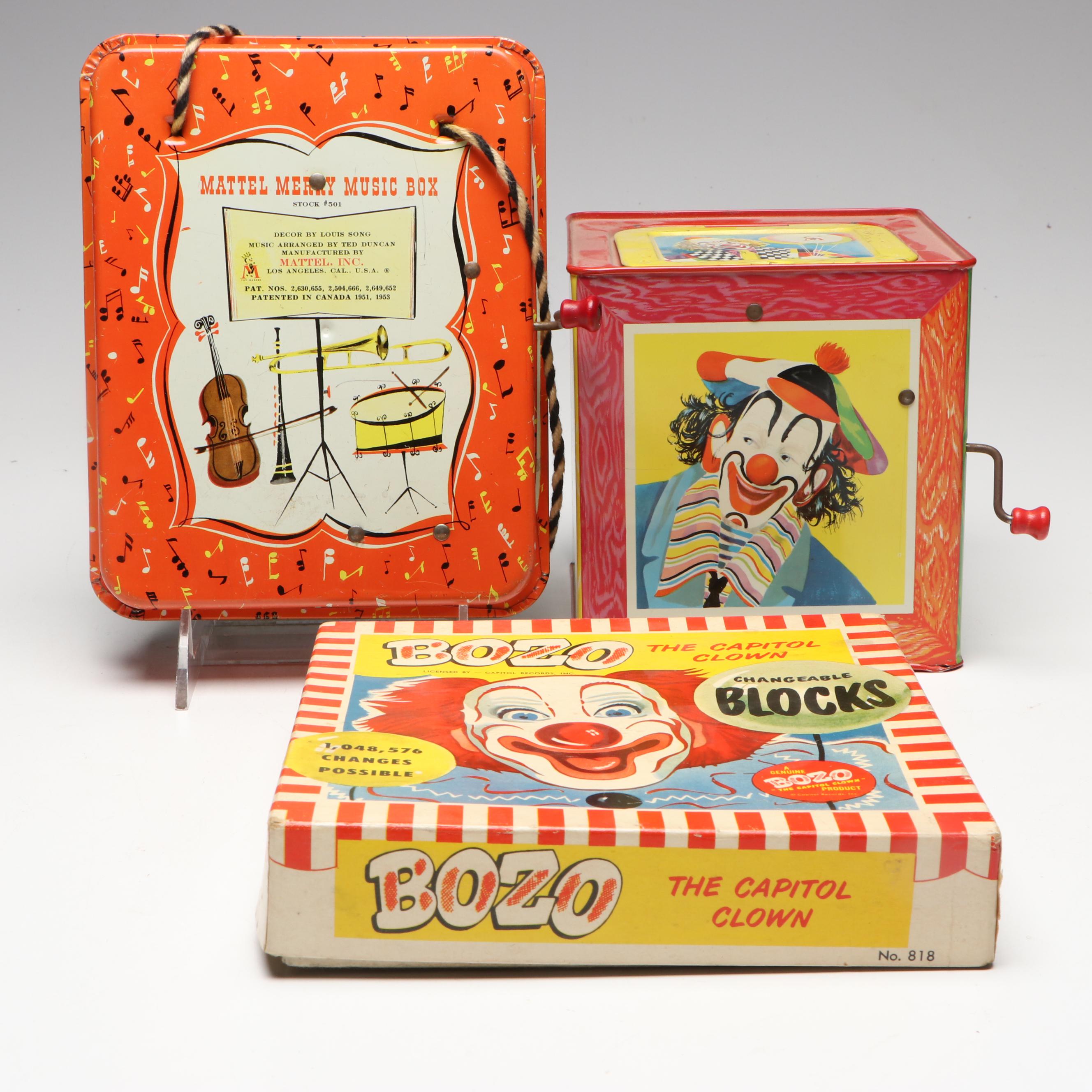 Gaston "Bozo the Clown" Wood Toy Blocks, Mattel Tin Music Box & Jack in the Box