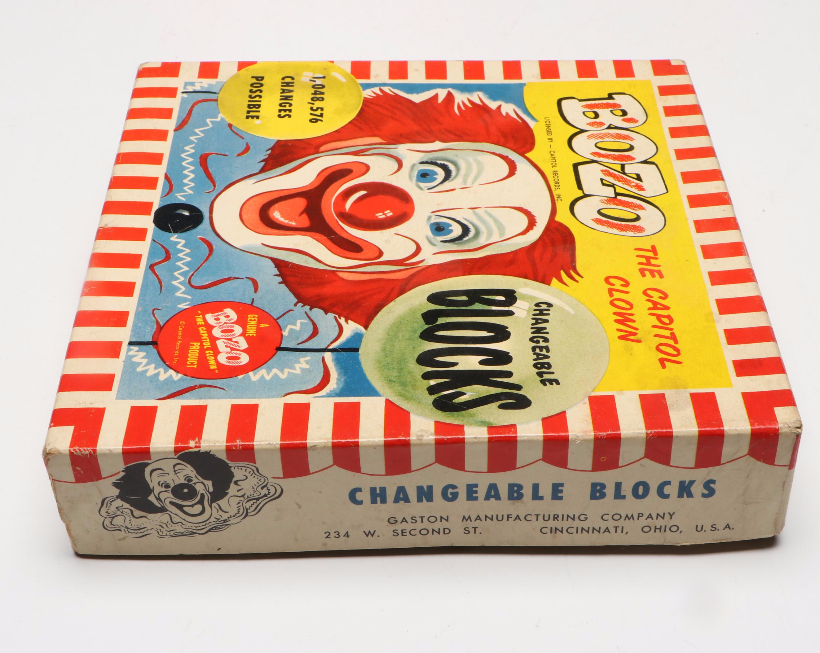 Gaston "Bozo the Clown" Wood Toy Blocks, Mattel Tin Music Box & Jack in the Box