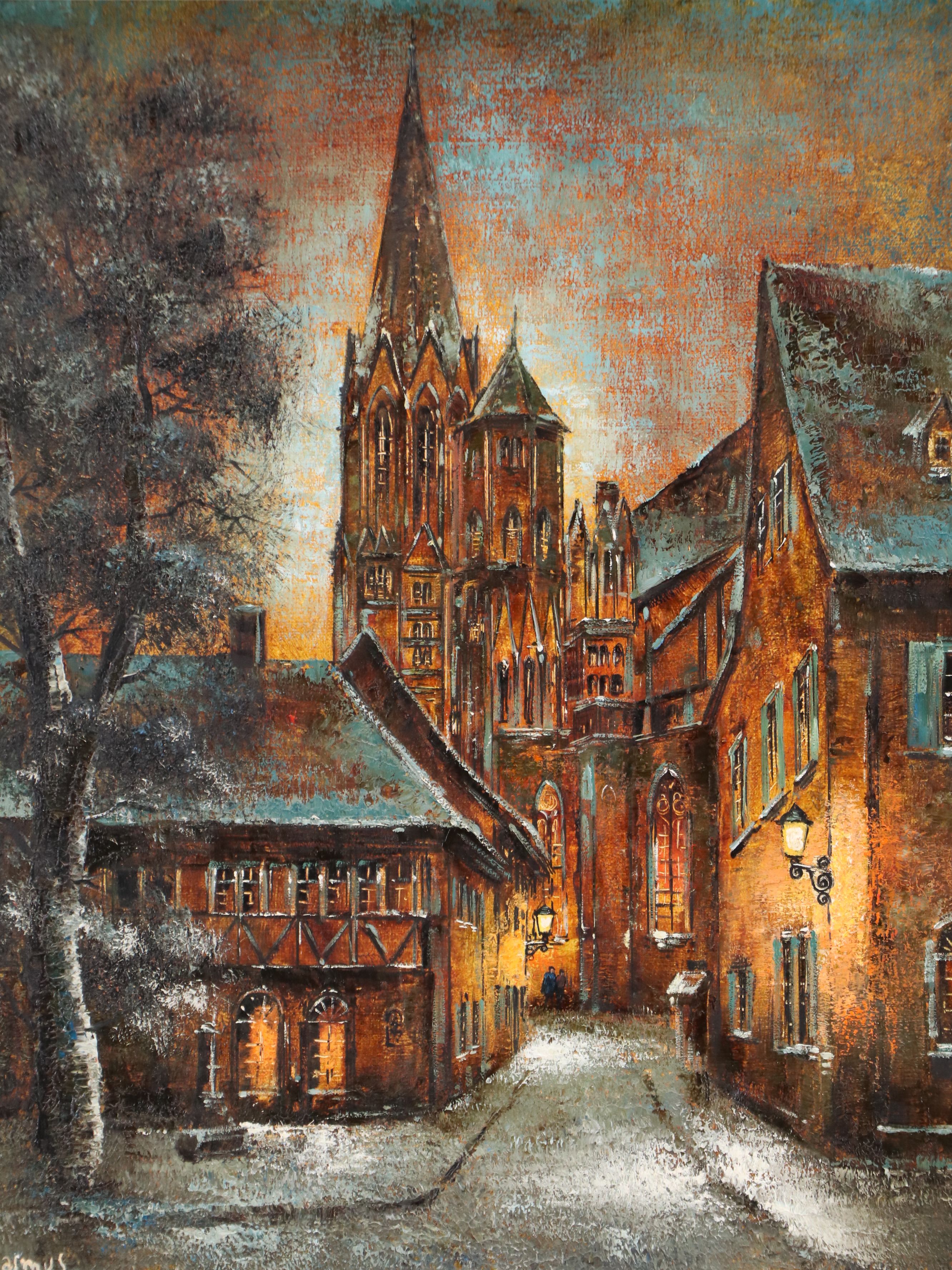 German School Village Street Scene Oil Painting
