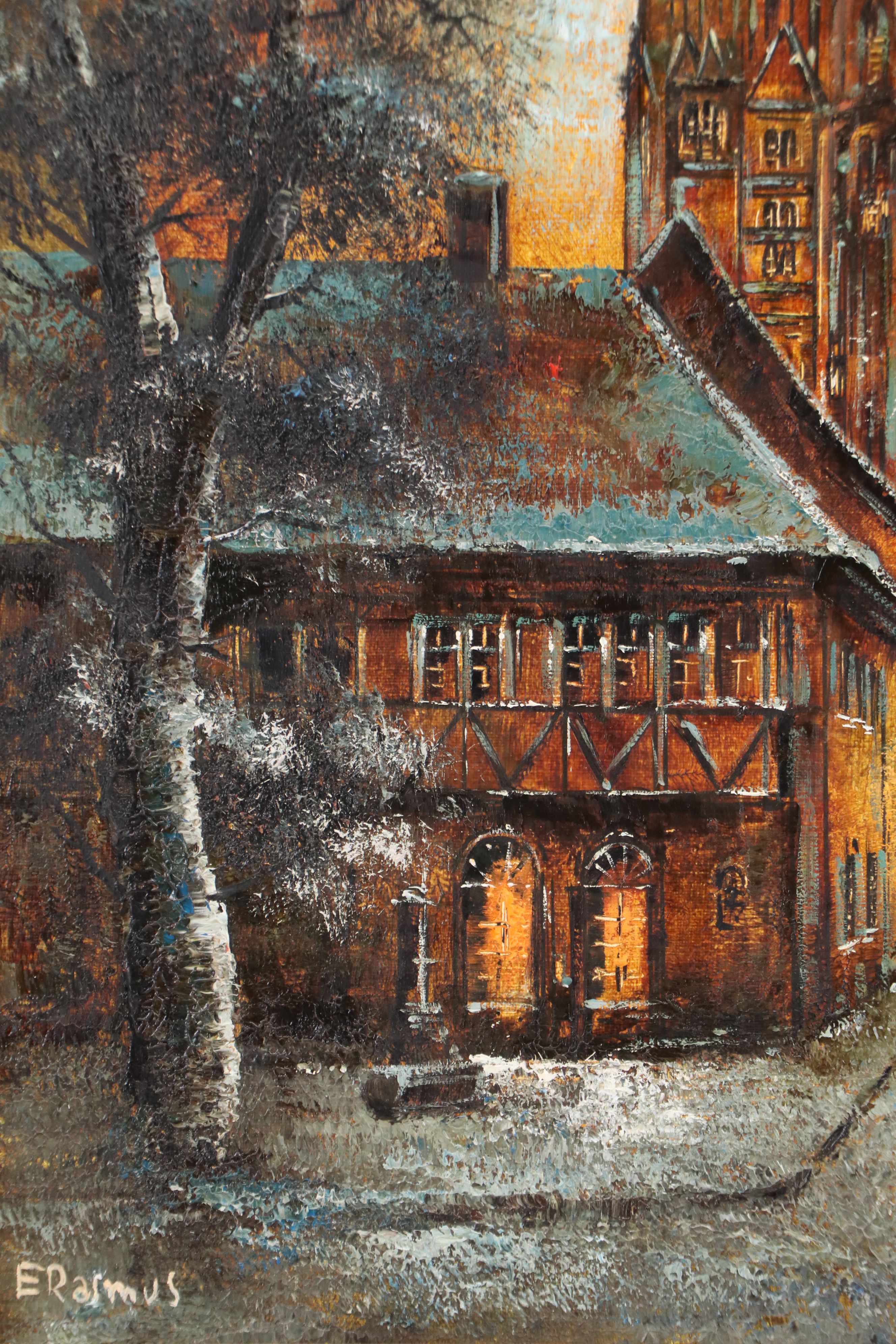 German School Village Street Scene Oil Painting