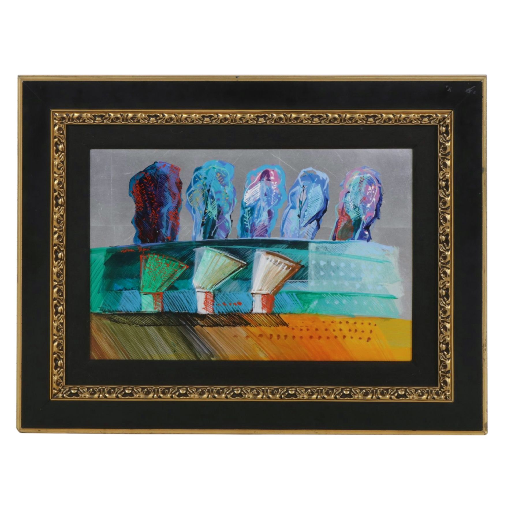 Calman Shemi Abstract Acrylic & Lacquer Painting "Promenade", Late 20th Century