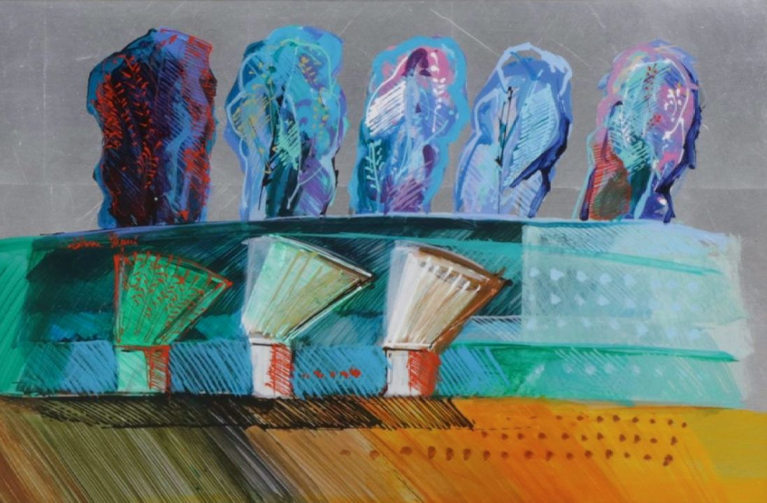 Calman Shemi Abstract Acrylic & Lacquer Painting "Promenade", Late 20th Century