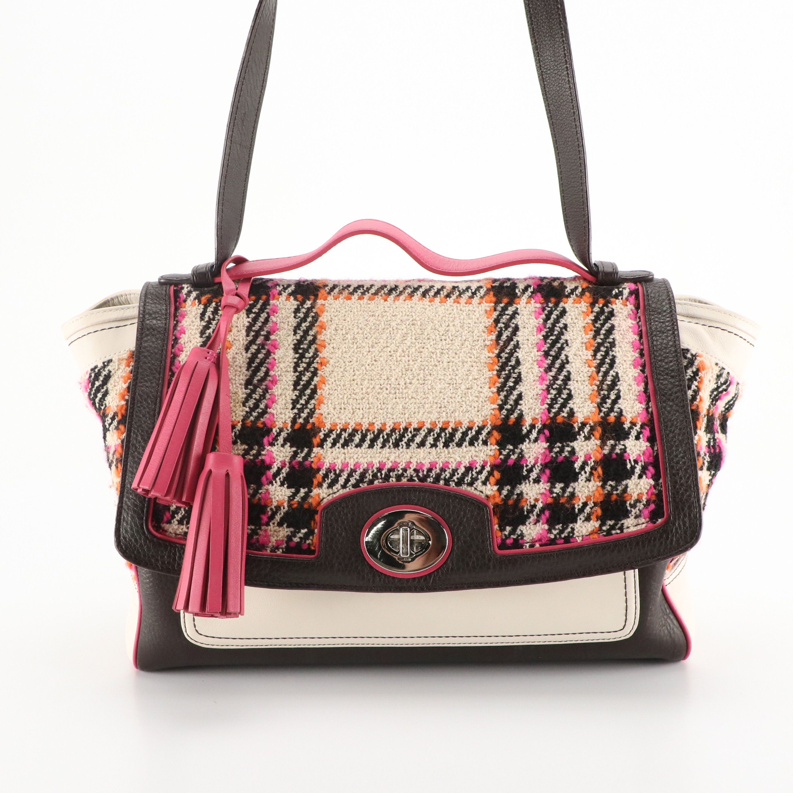 Coach Legacy Two-Way Turnlock Satchel Bag in Plaid Tweed and Tricolor Leather
