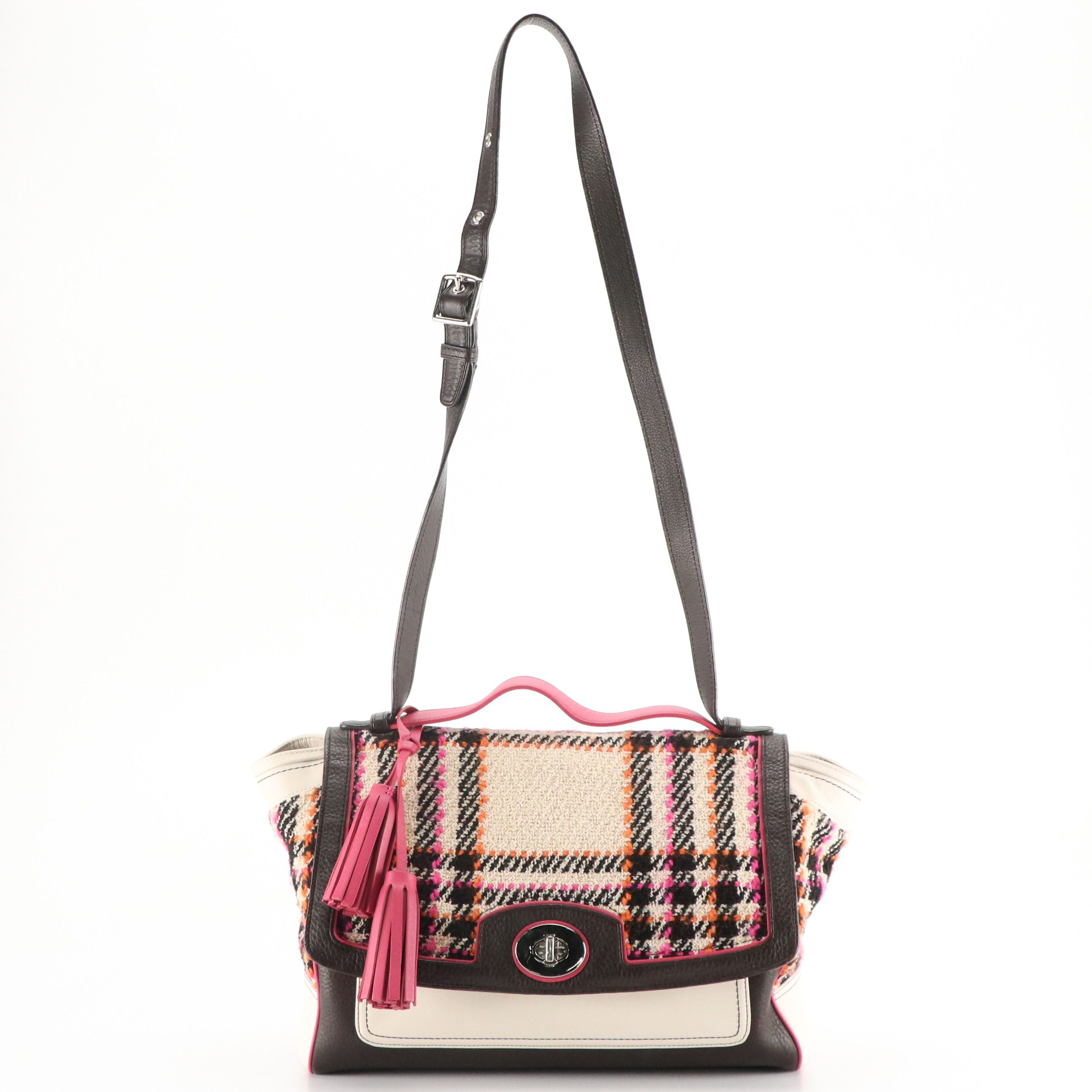 Coach Legacy Two-Way Turnlock Satchel Bag in Plaid Tweed and Tricolor Leather