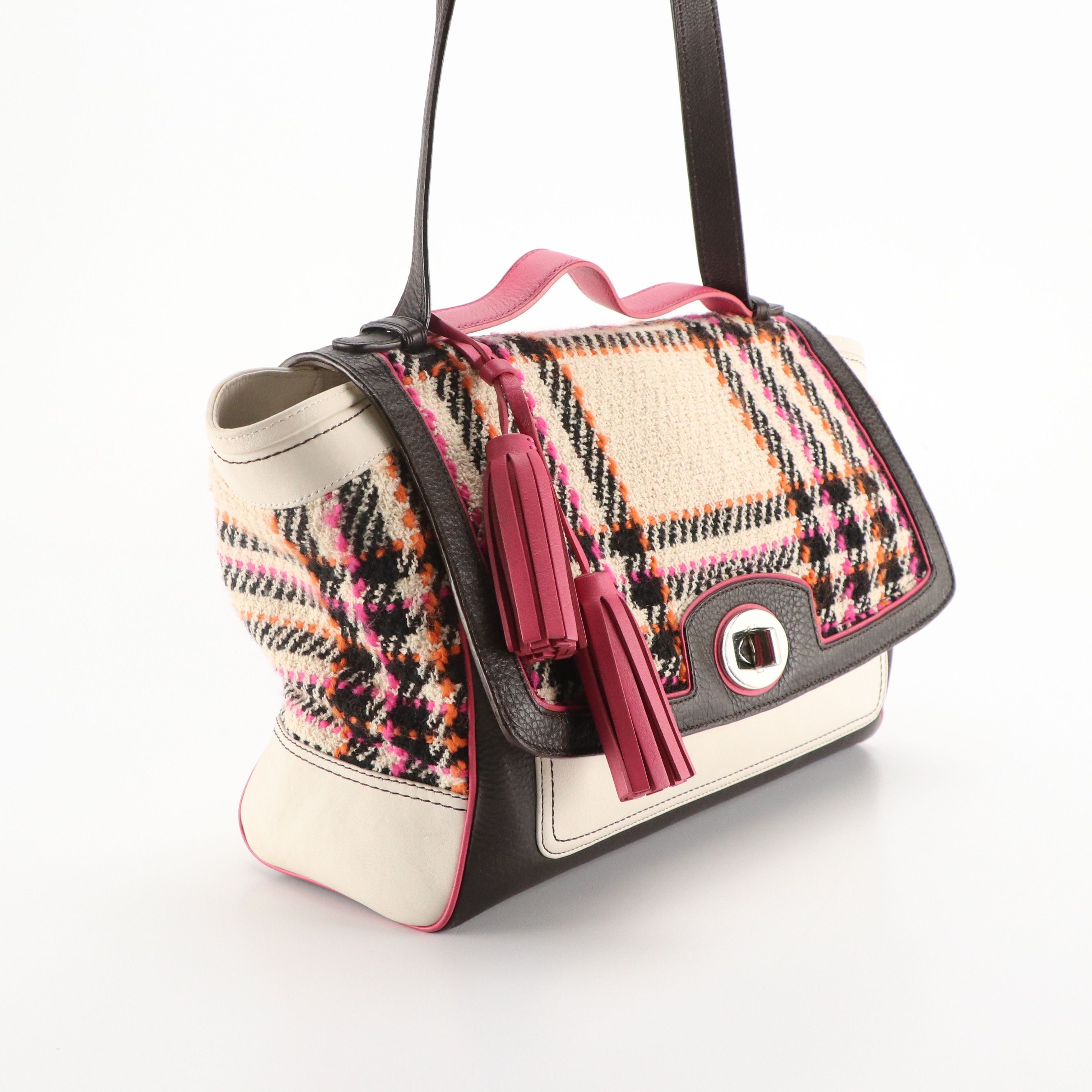 Coach Legacy Two-Way Turnlock Satchel Bag in Plaid Tweed and Tricolor Leather