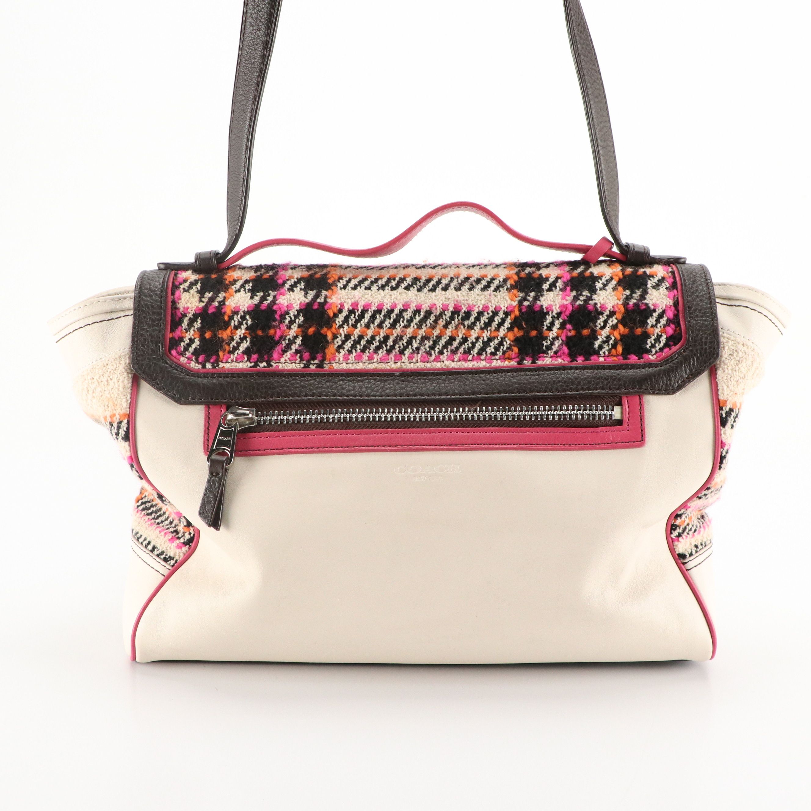 Coach Legacy Two-Way Turnlock Satchel Bag in Plaid Tweed and Tricolor Leather