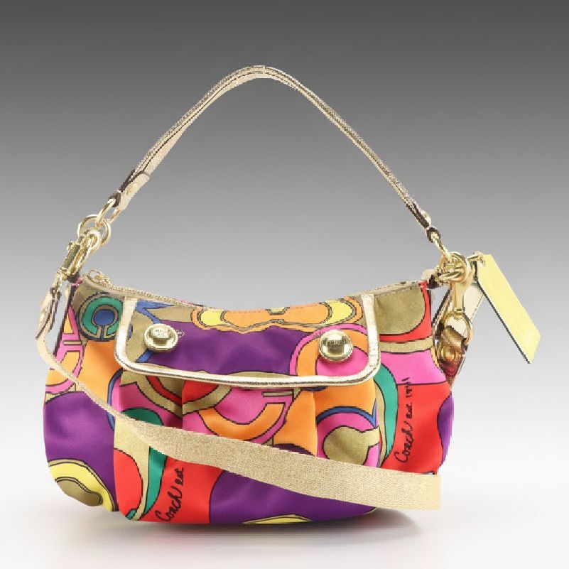 Coach Groovy Poppy Two-Way Bag in Printed Satin and Metallic Gold Leather