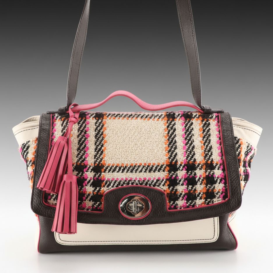 Coach Legacy Two-Way Turnlock Satchel Bag in Plaid Tweed and Tricolor Leather