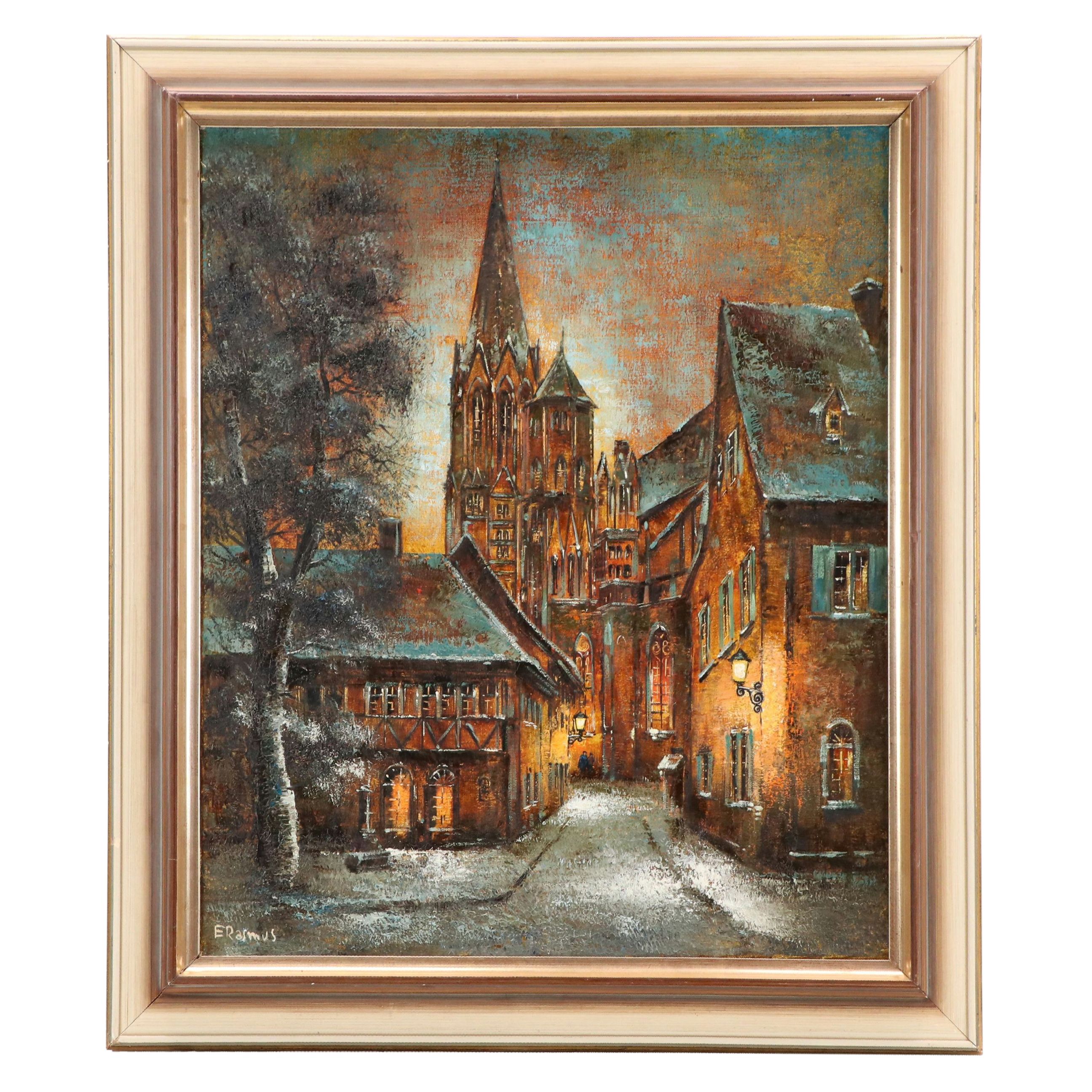 German School Village Street Scene Oil Painting