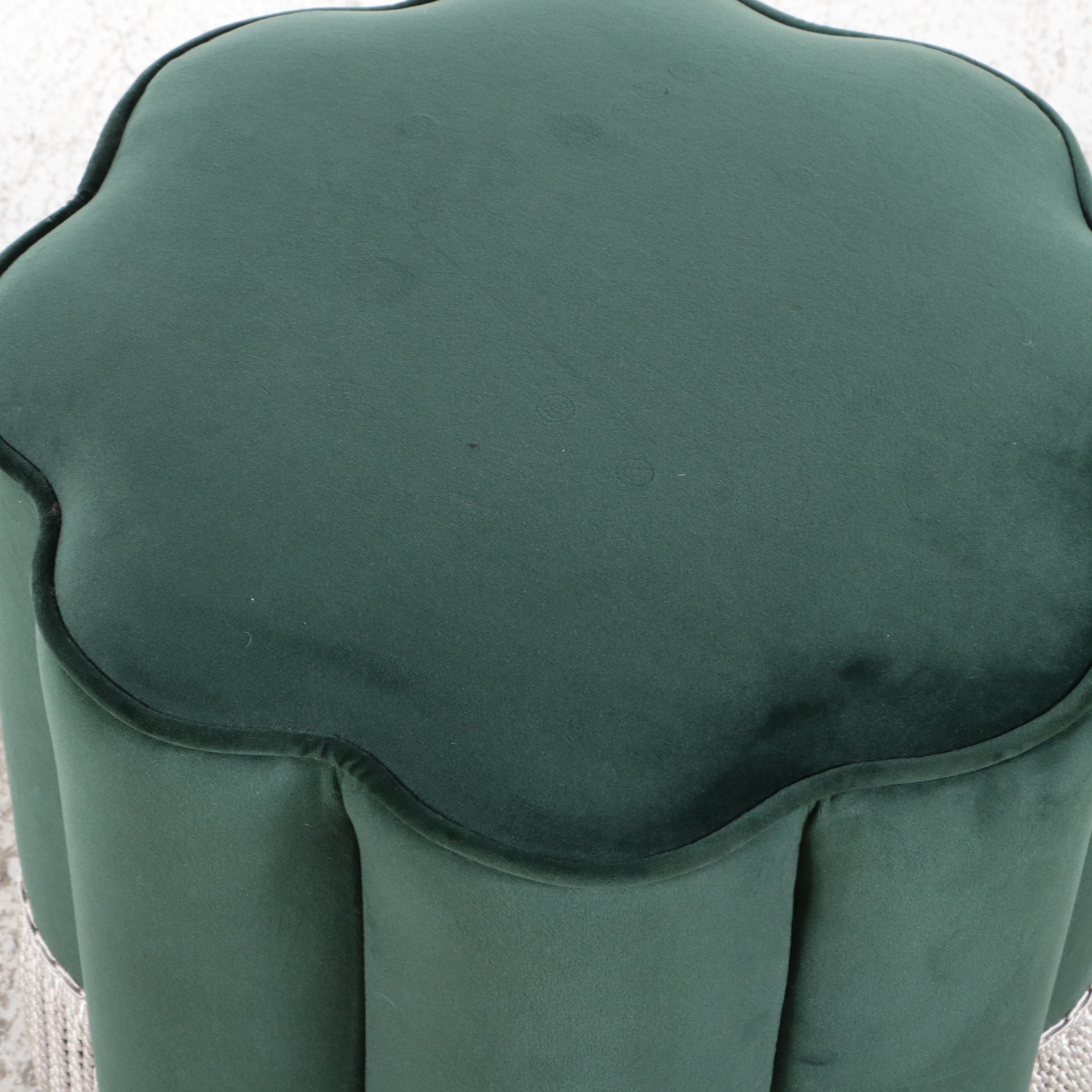 Pair of Contemporary Hollywood Regency Forest Green Velvet Scalloped Ottomans