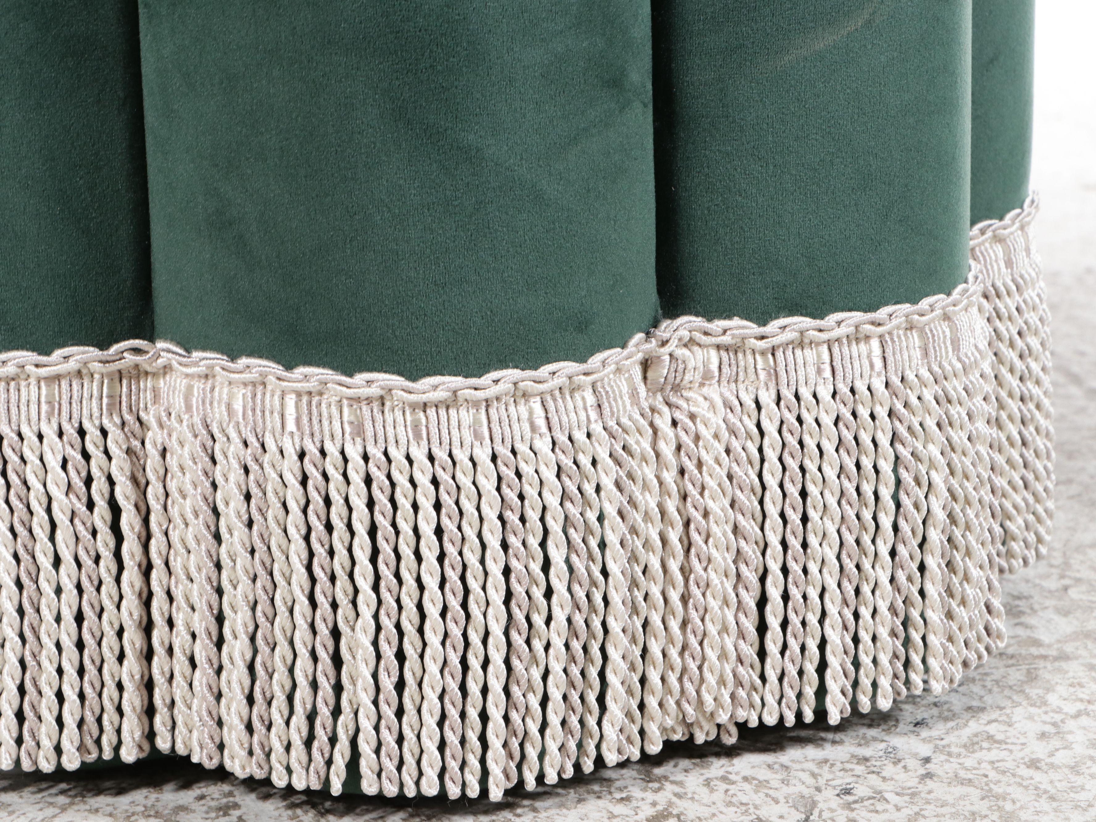 Pair of Contemporary Hollywood Regency Forest Green Velvet Scalloped Ottomans