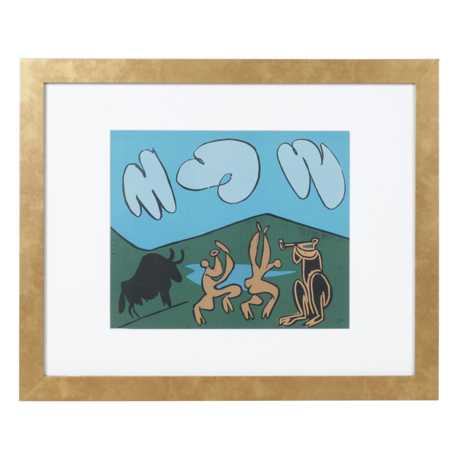 Pablo Picasso Color Linocut "Bacanal Con Toro Negro" 1962