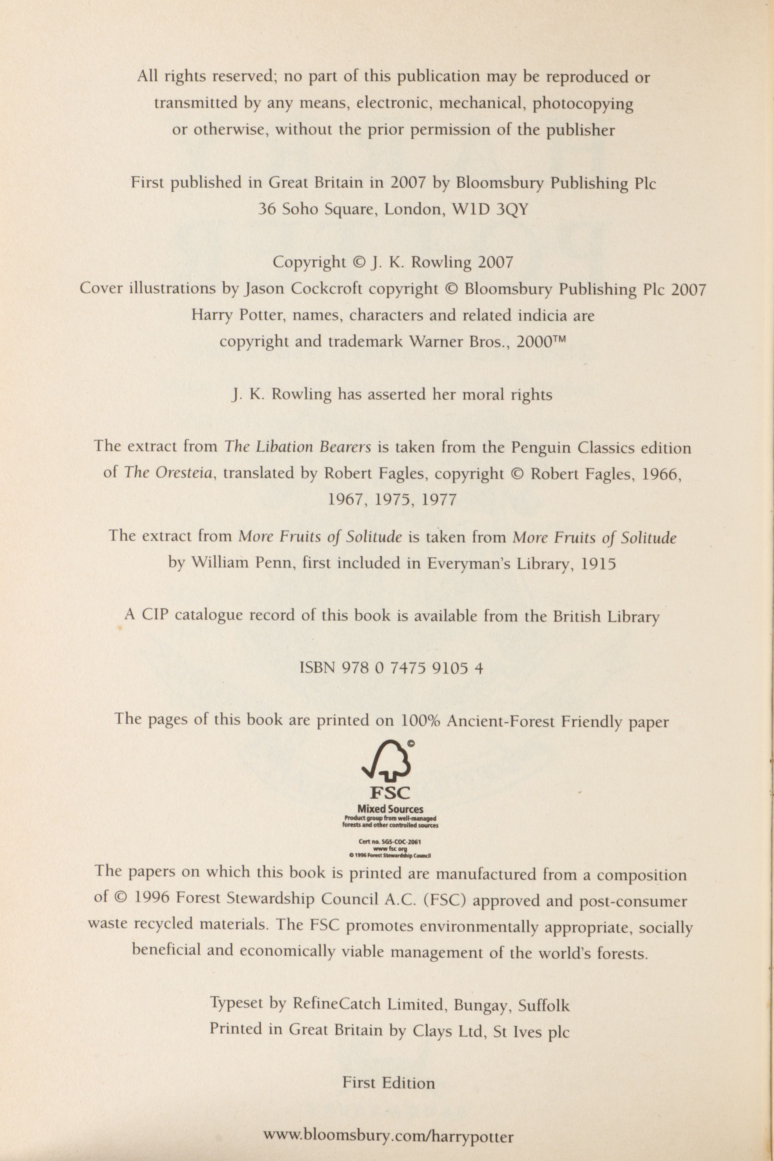 First Edition "Harry Potter and the Deathly Hallows" by J. K. Rowling, 2007