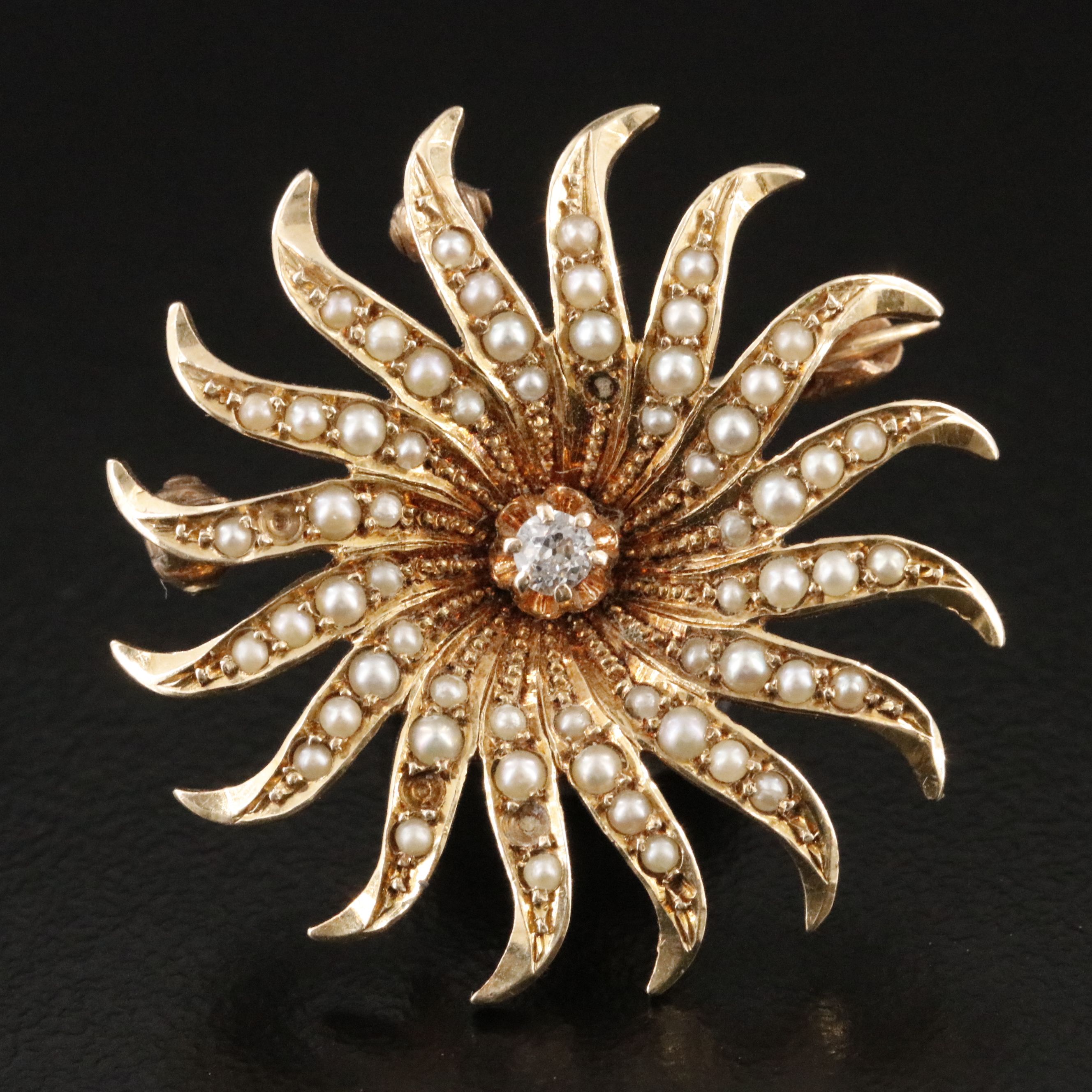 Antique 14K Diamond and Pearl Brooch