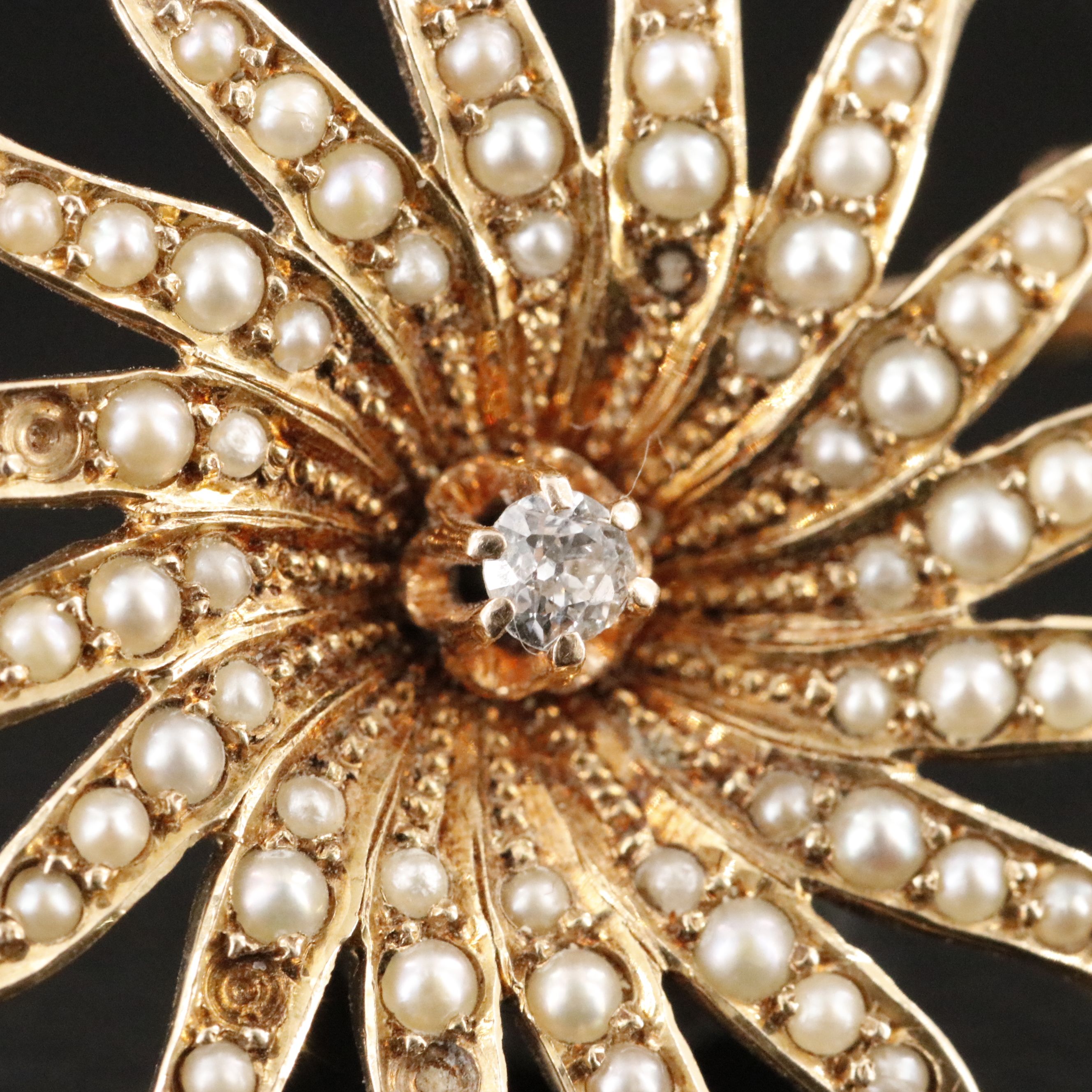 Antique 14K Diamond and Pearl Brooch