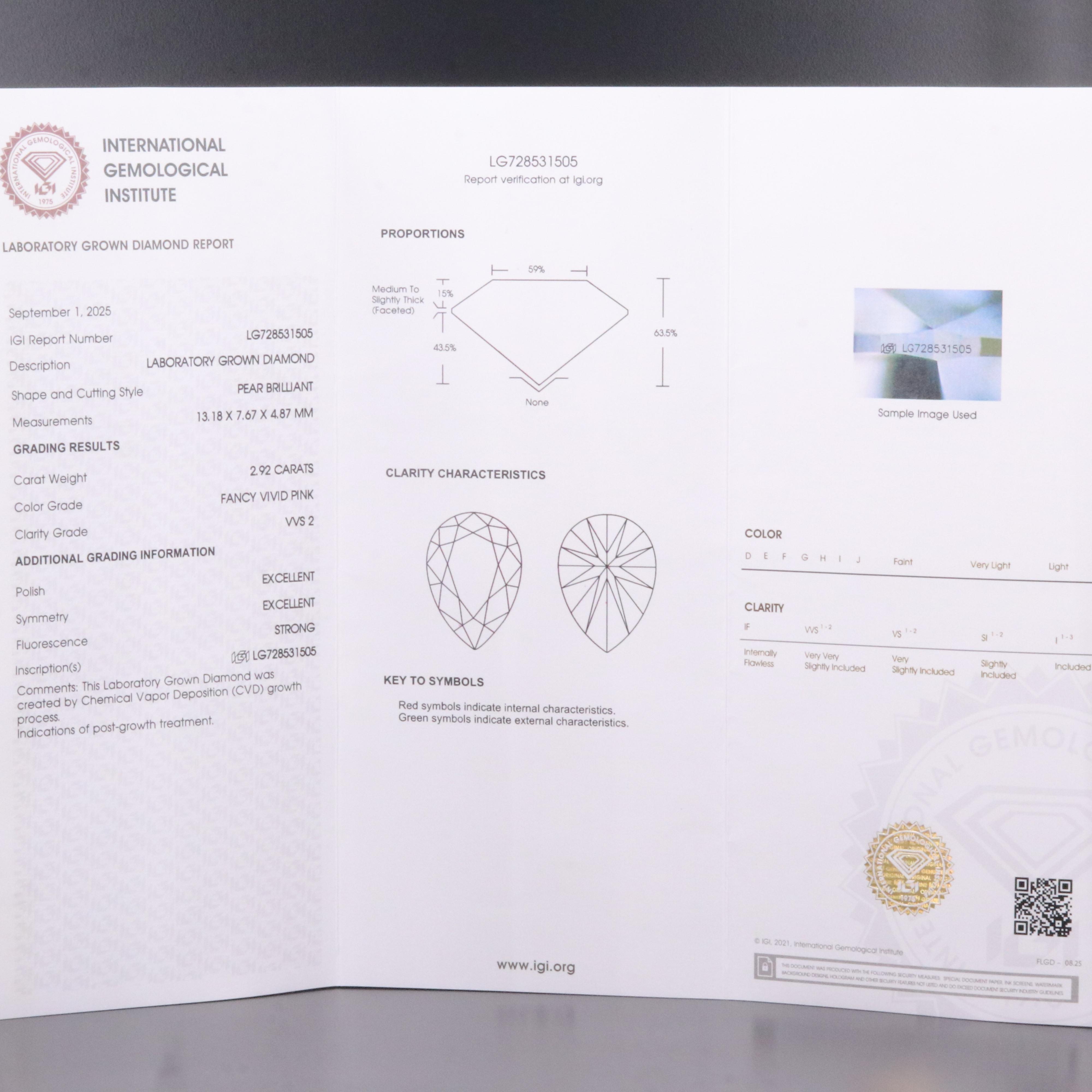 Loose 2.92 CT Lab Grown Fancy Vivid Pink Diamond with IGI Report