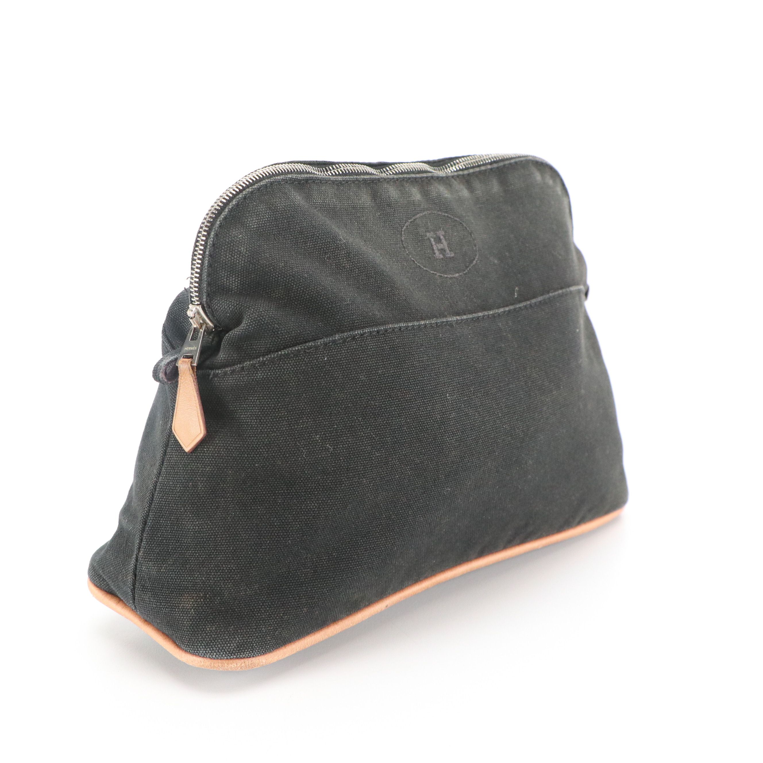 Hermès Bolide Zip Travel Pouch in Black Cotton Canvas with Leather Trim