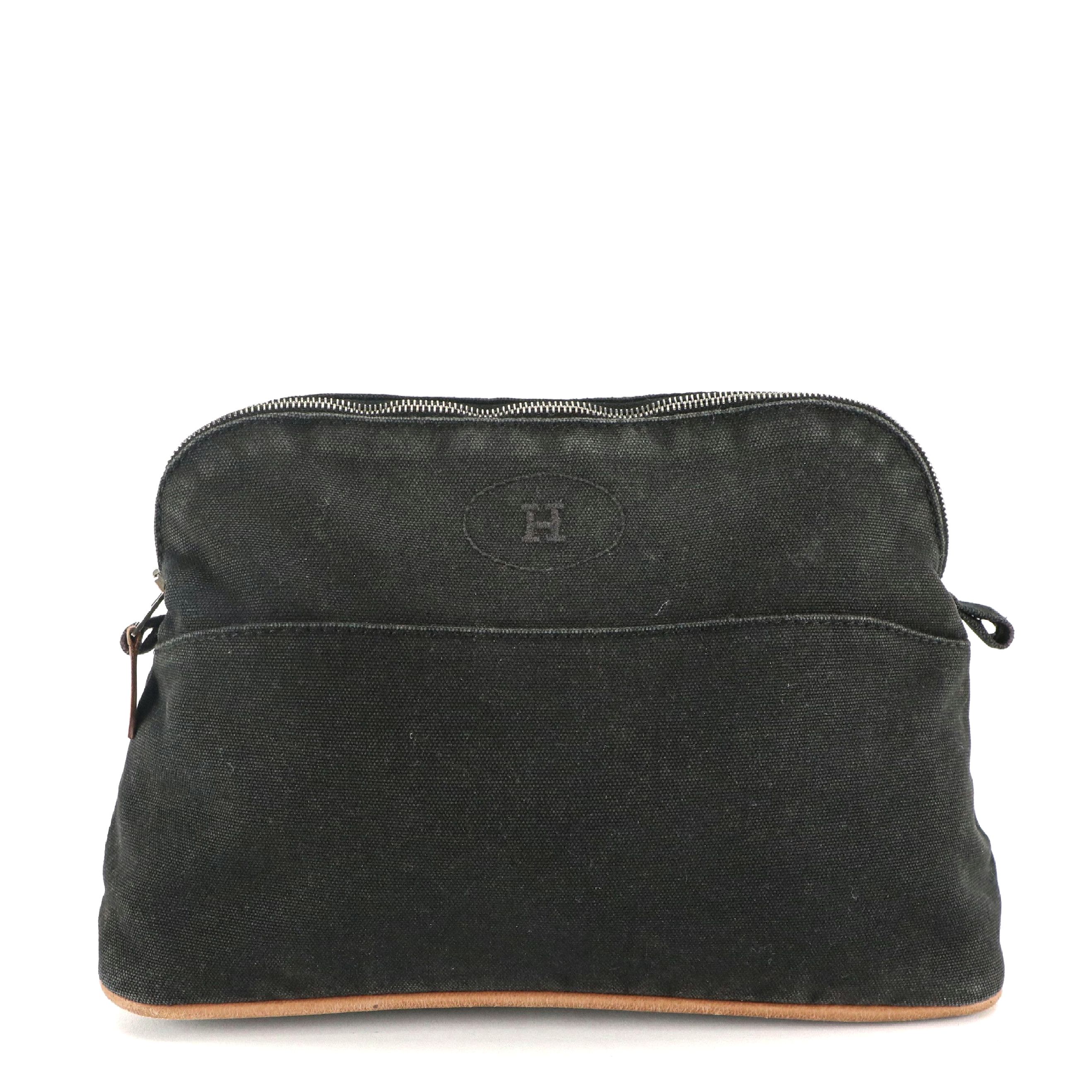 Hermès Bolide Zip Travel Pouch in Black Cotton Canvas with Leather Trim