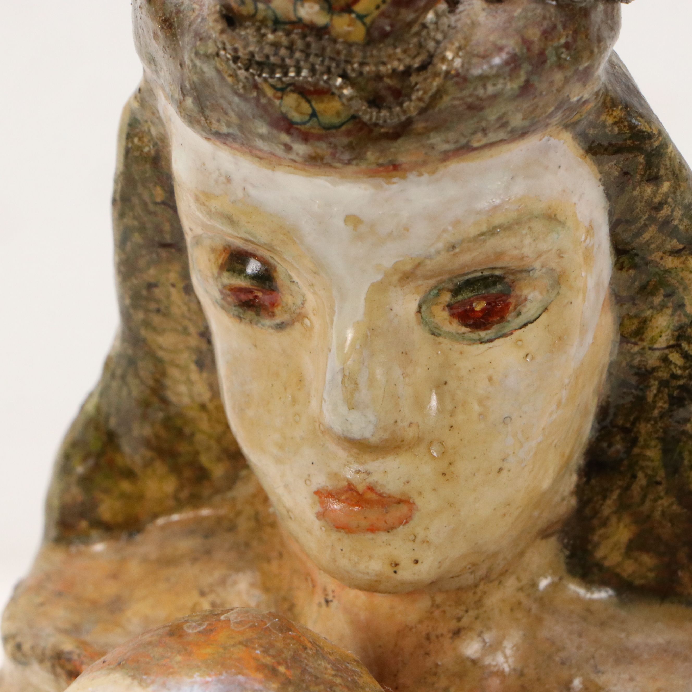Folk Art Mixed Media Sculpture of Queen with Child and Panther
