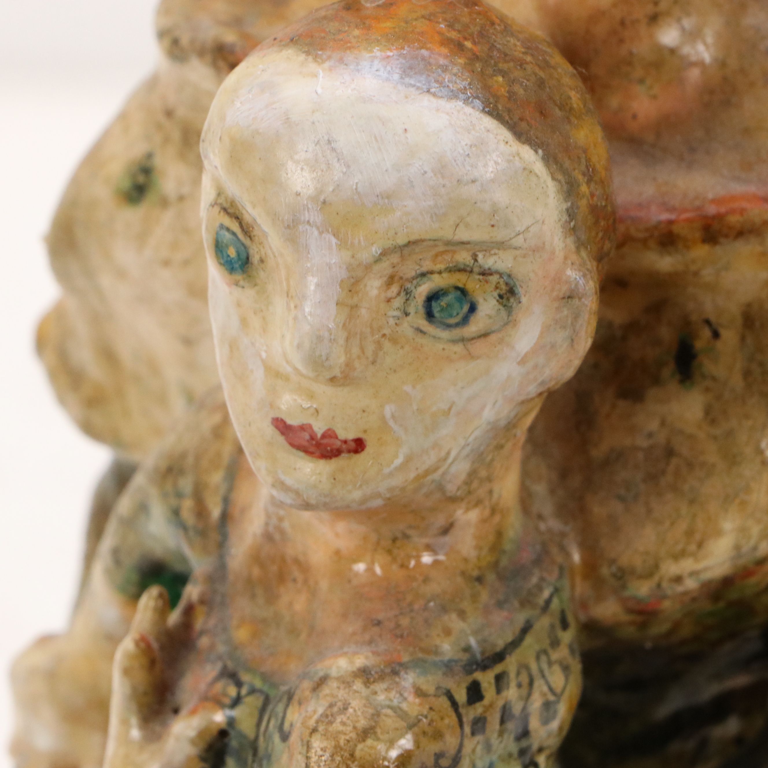 Folk Art Mixed Media Sculpture of Queen with Child and Panther