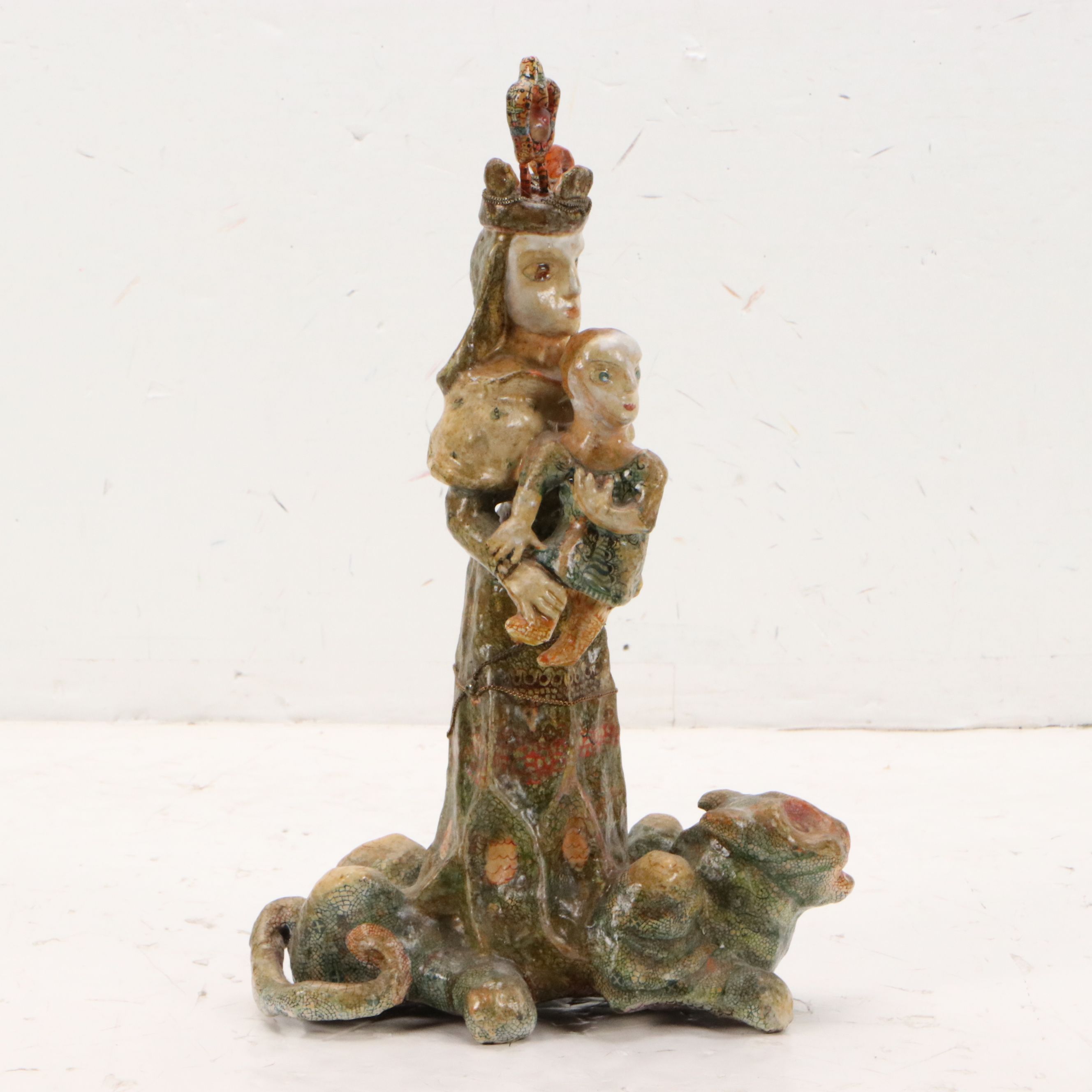 Folk Art Mixed Media Sculpture of Queen with Child and Panther