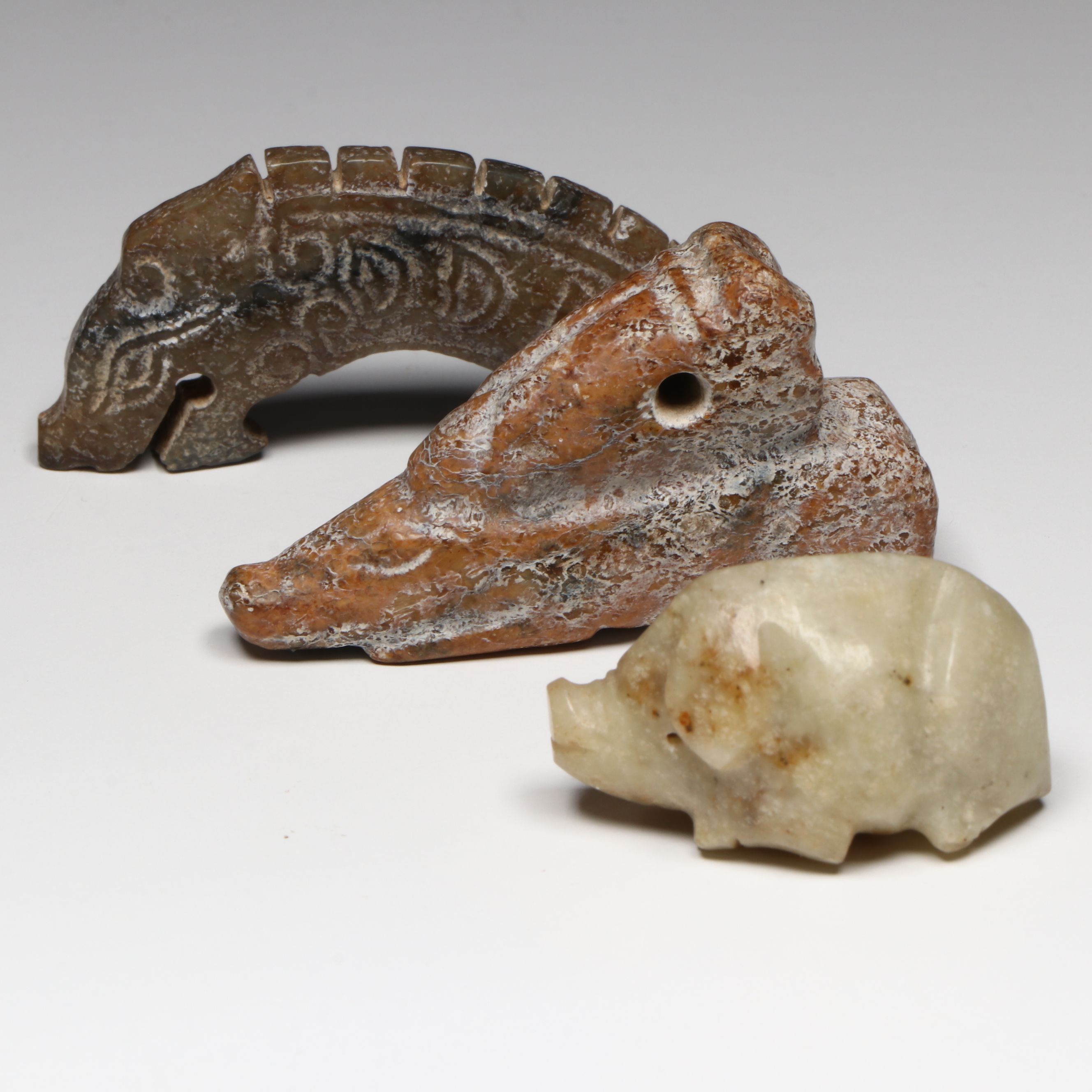 Ancient Chinese Hongshan Carved Jade Dragon and Pig Pendants