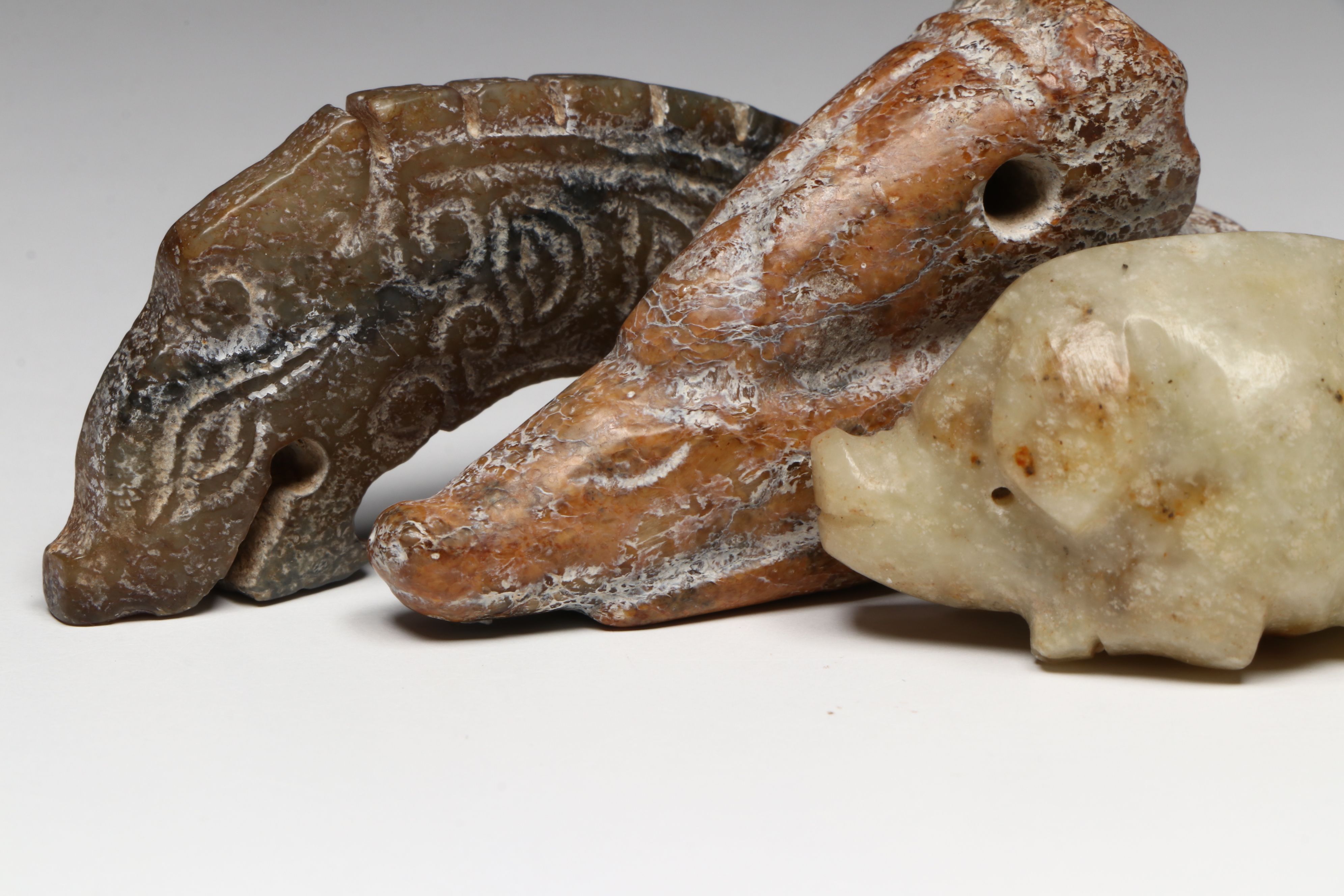 Ancient Chinese Hongshan Carved Jade Dragon and Pig Pendants