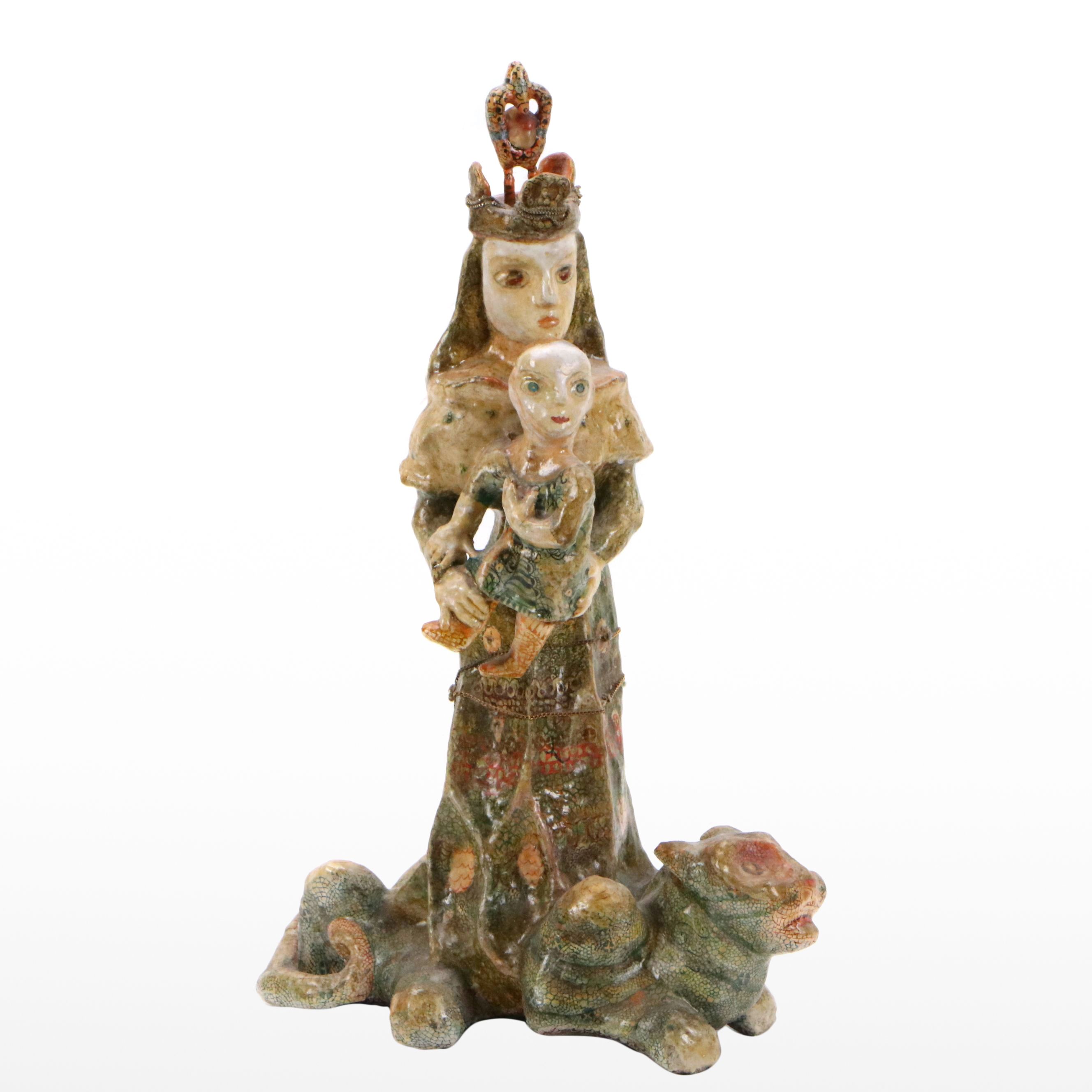 Folk Art Mixed Media Sculpture of Queen with Child and Panther