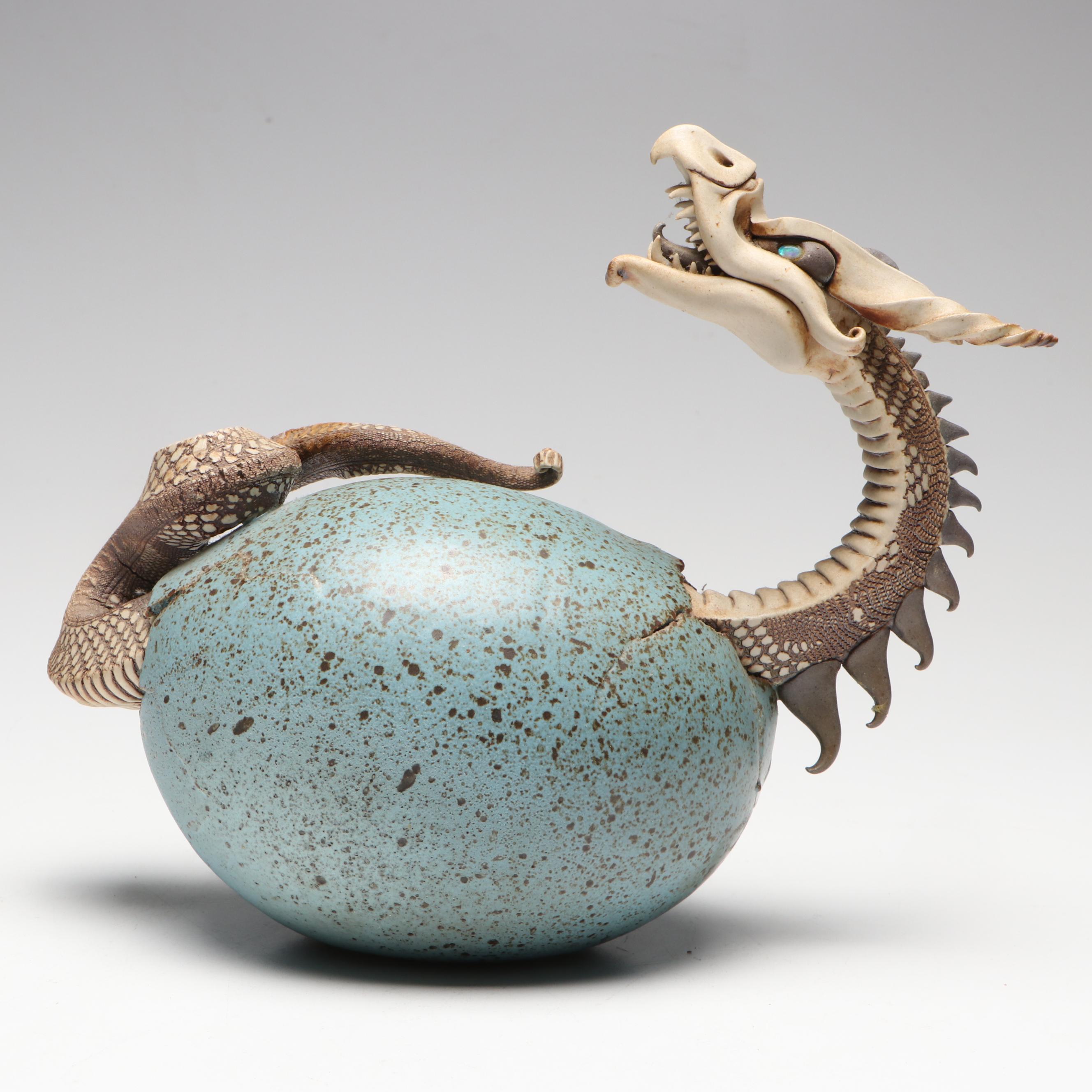 Dennis Thompson Signed "Hatchling" Ceramic Dragon Egg Sculpture