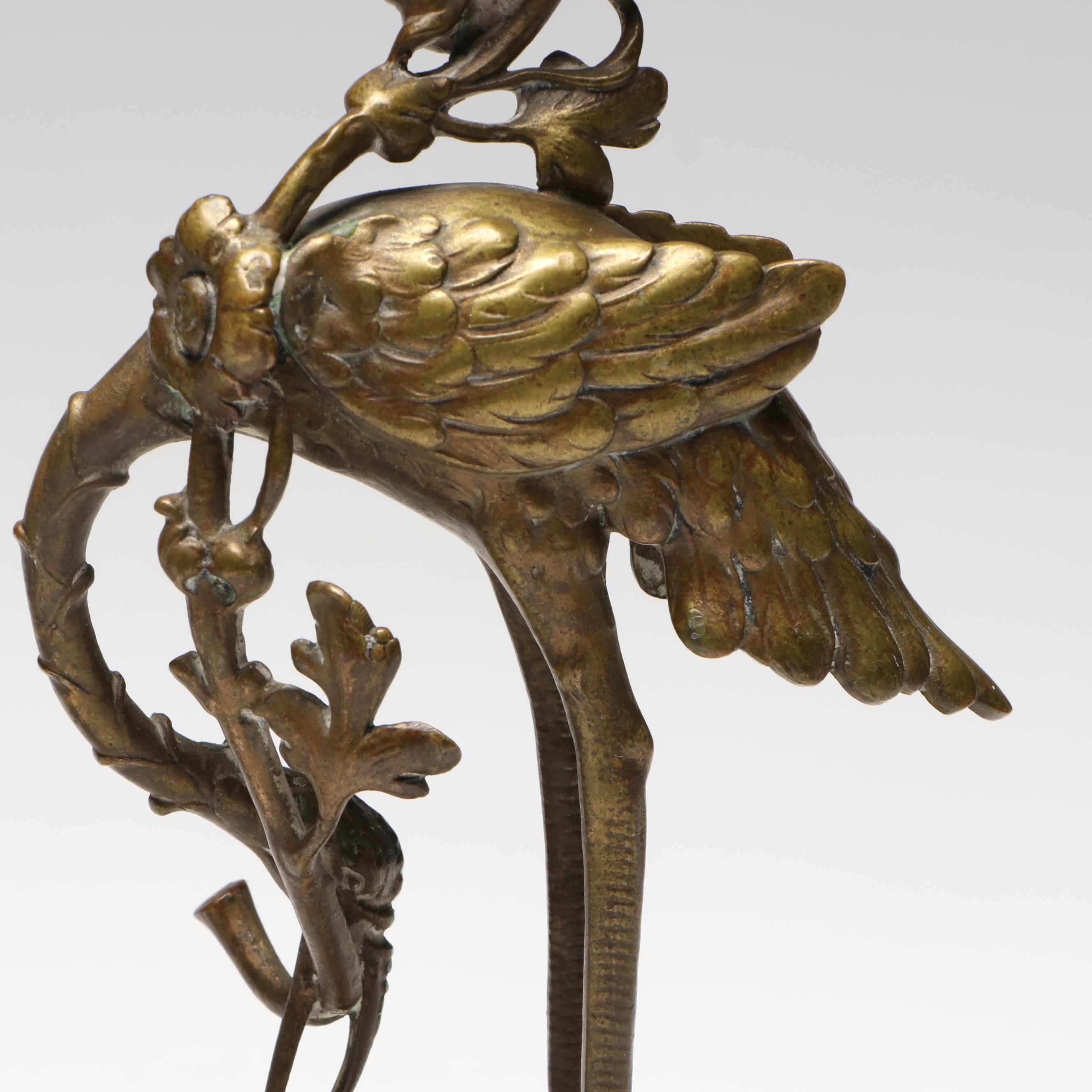Pair of Japanese Gilt Bronze Allegorical Crane and Turtle Candle Holders