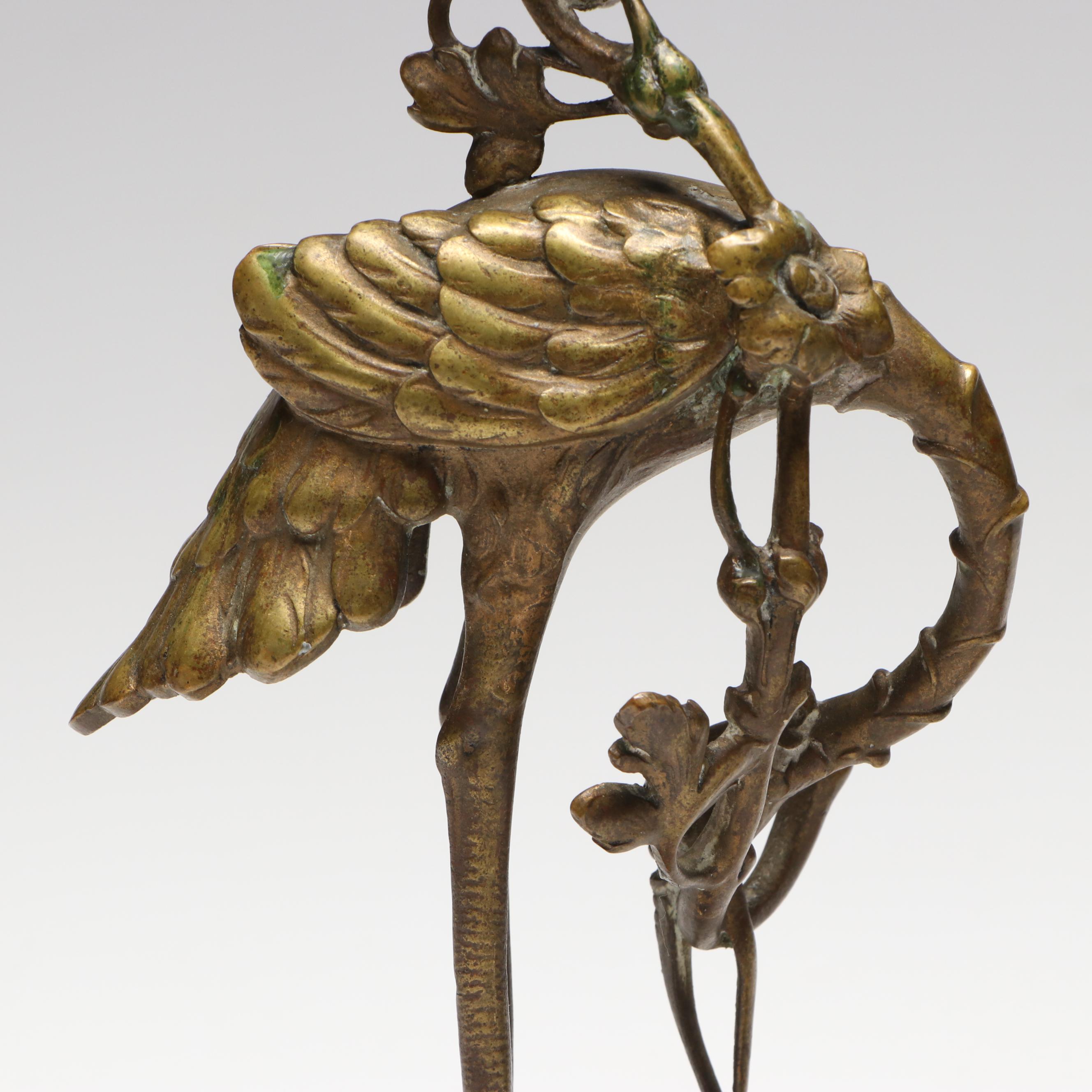 Pair of Japanese Gilt Bronze Allegorical Crane and Turtle Candle Holders