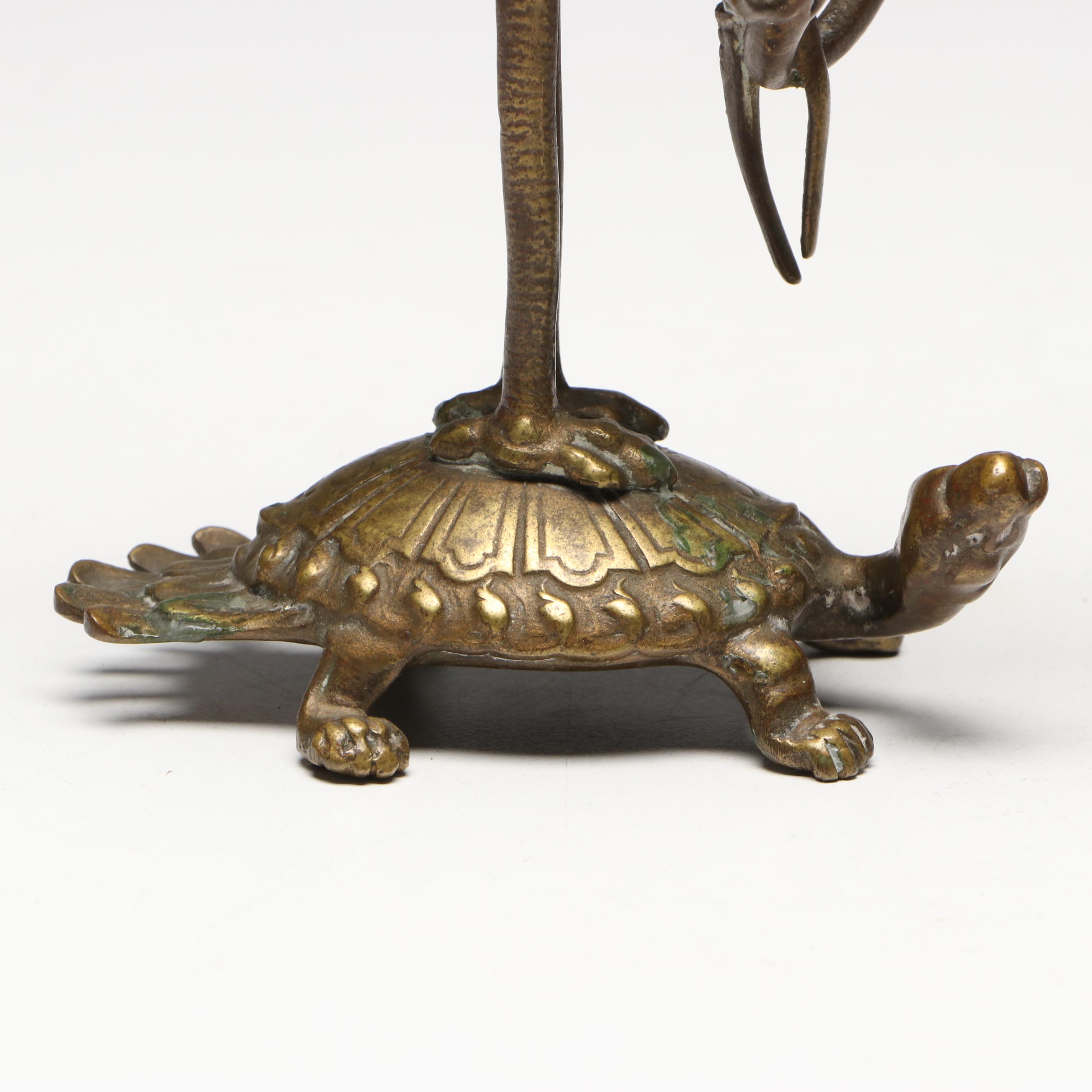 Pair of Japanese Gilt Bronze Allegorical Crane and Turtle Candle Holders