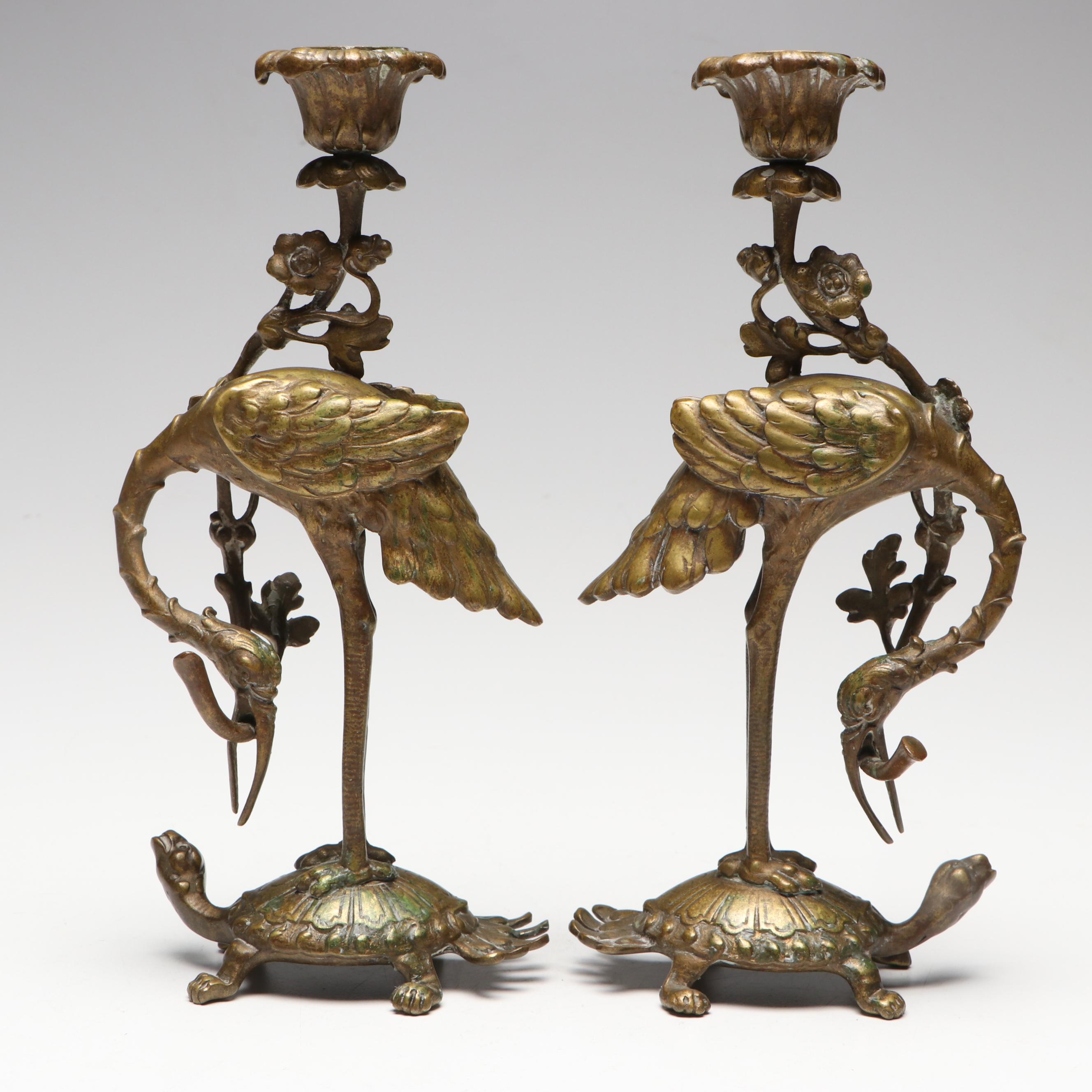 Pair of Japanese Gilt Bronze Allegorical Crane and Turtle Candle Holders