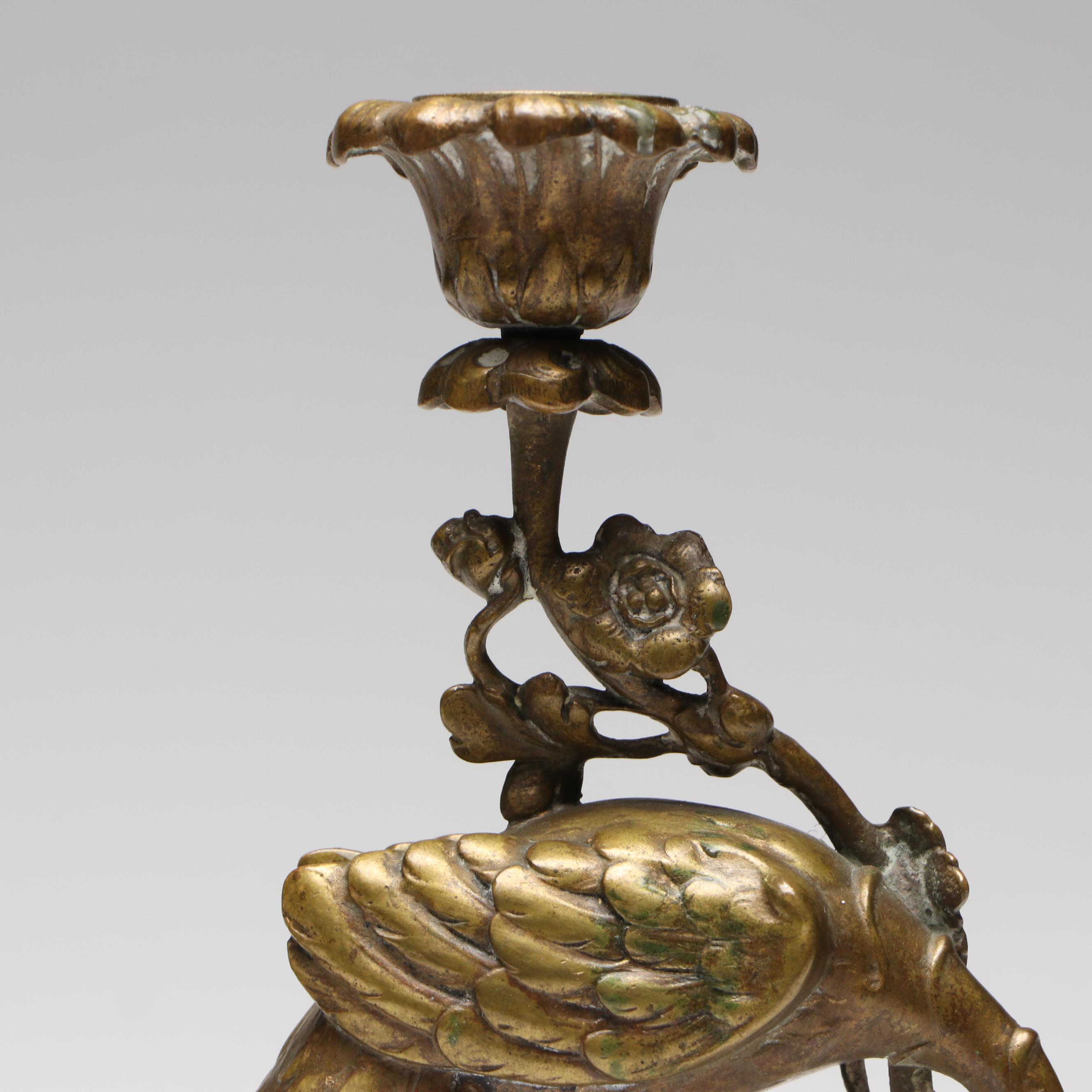 Pair of Japanese Gilt Bronze Allegorical Crane and Turtle Candle Holders
