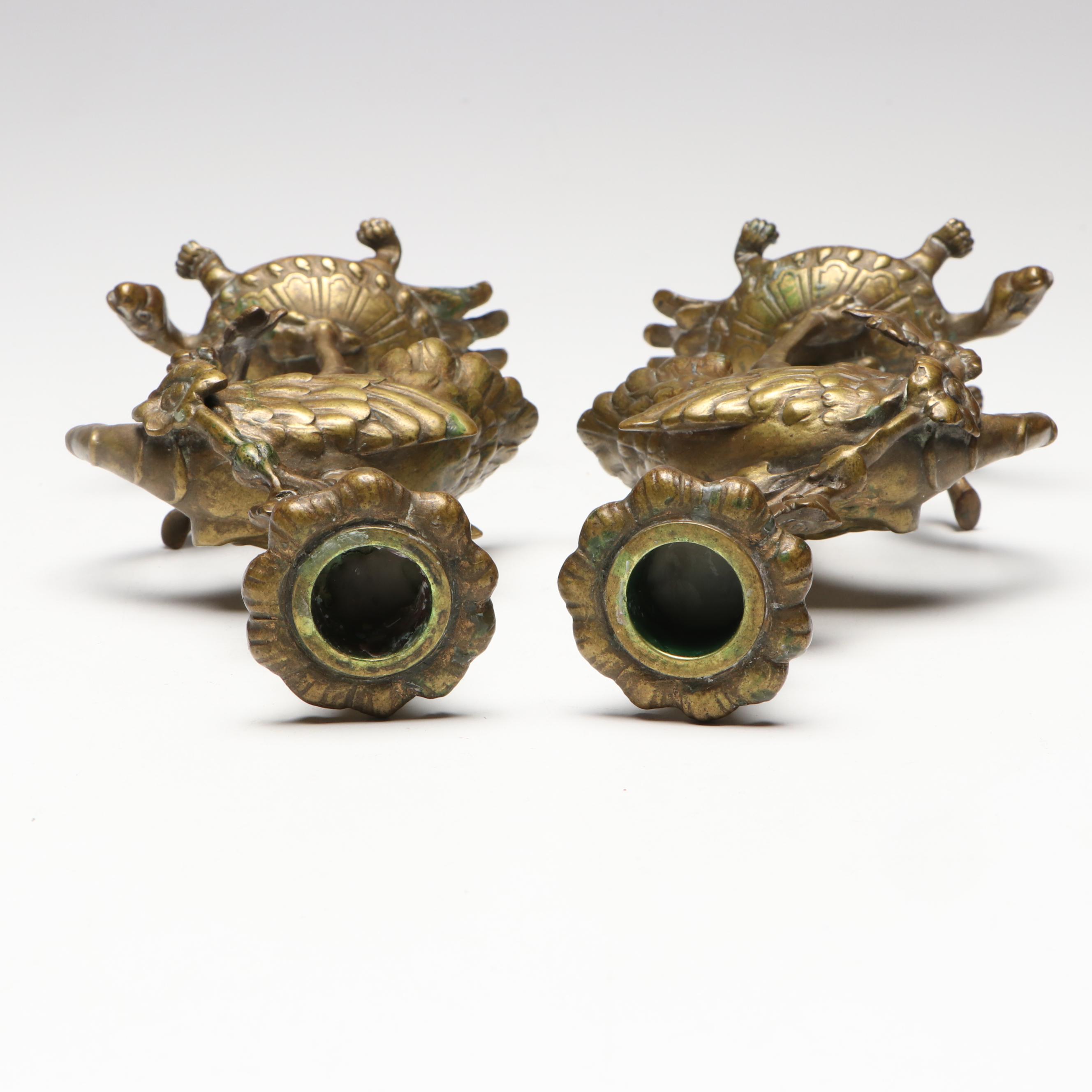 Pair of Japanese Gilt Bronze Allegorical Crane and Turtle Candle Holders
