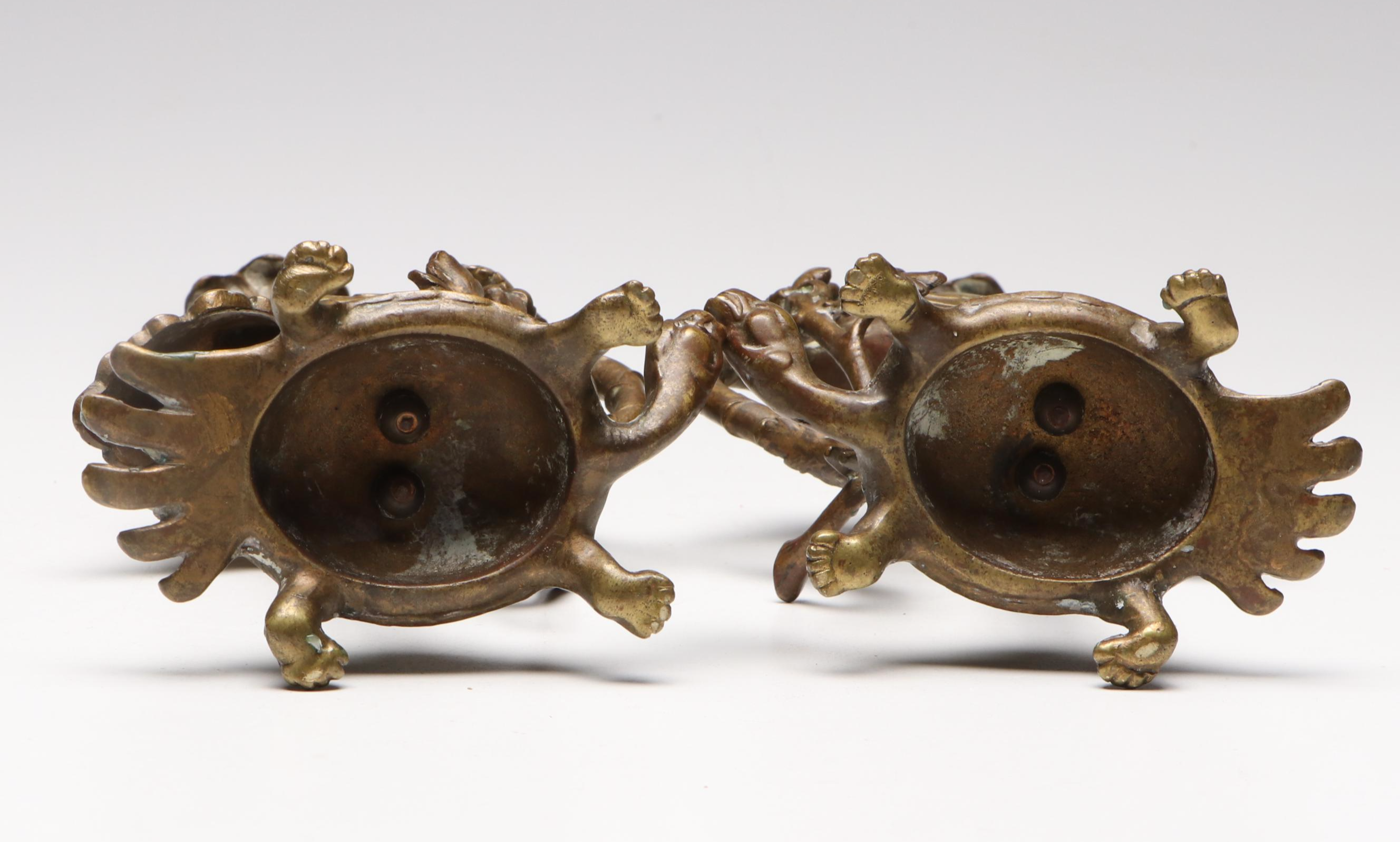 Pair of Japanese Gilt Bronze Allegorical Crane and Turtle Candle Holders