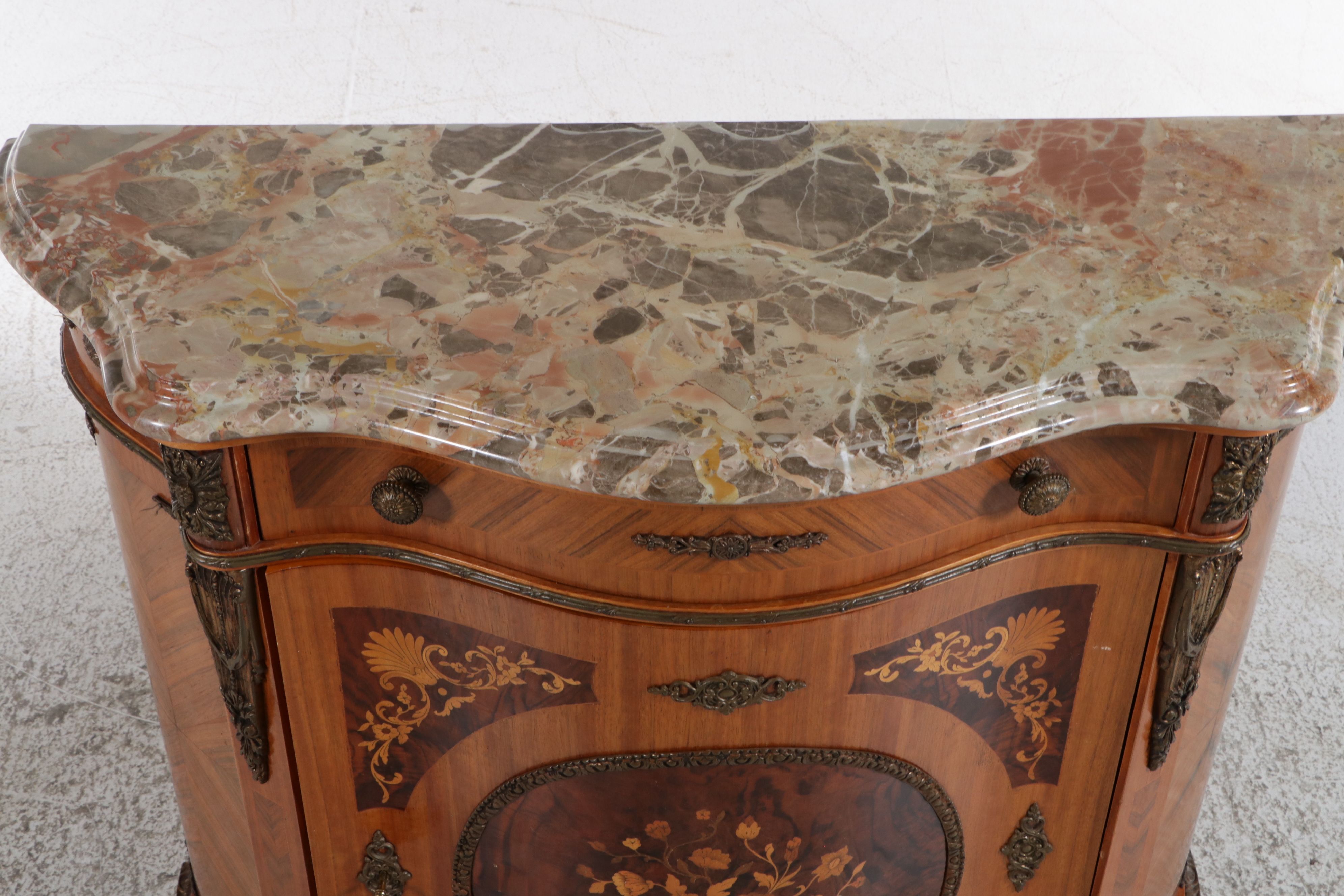 Napoleon III Style Marquetry Marble Top Side Cabinet, Mid to Late 20th Century