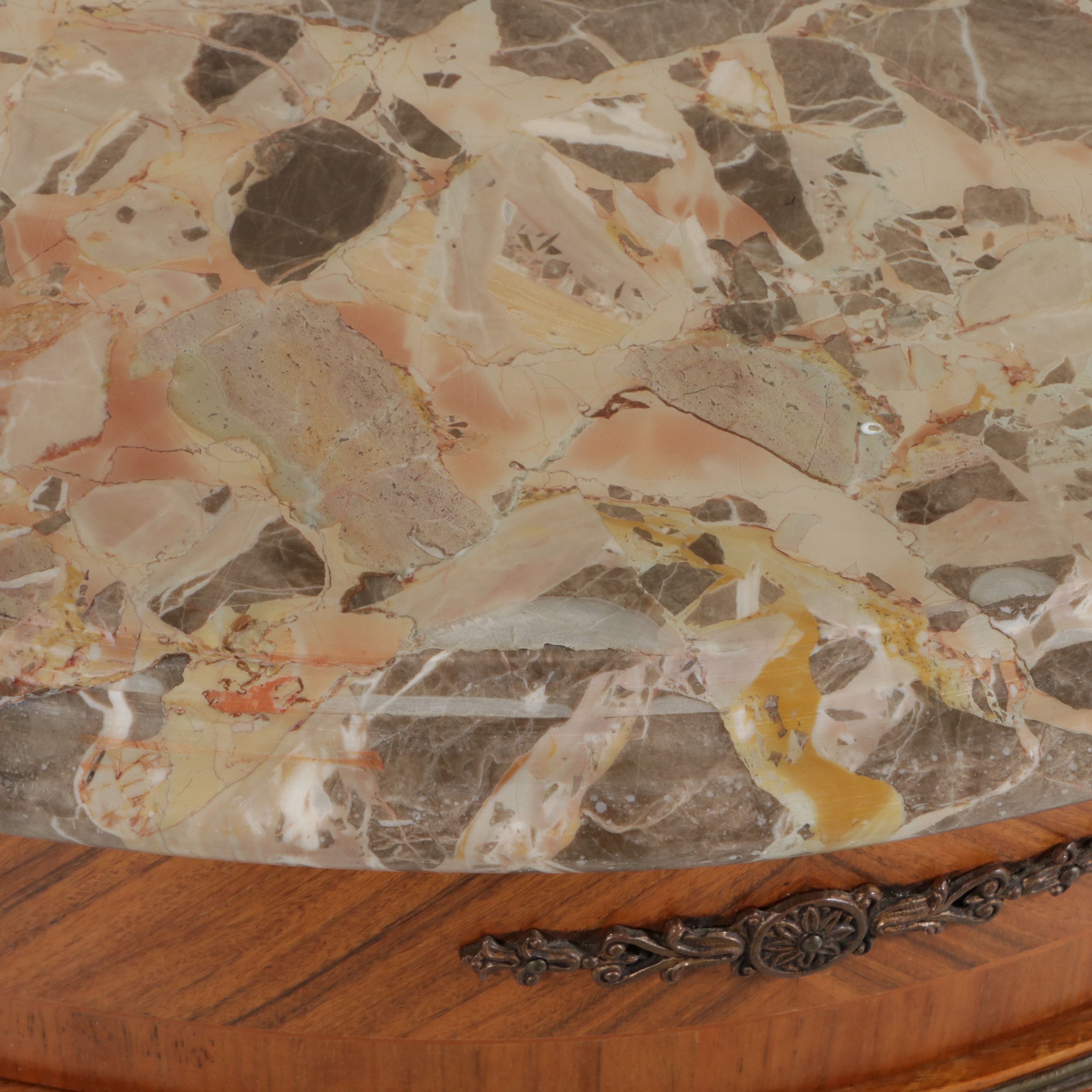 Napoleon III Style Marquetry Marble Top Side Cabinet, Mid to Late 20th Century