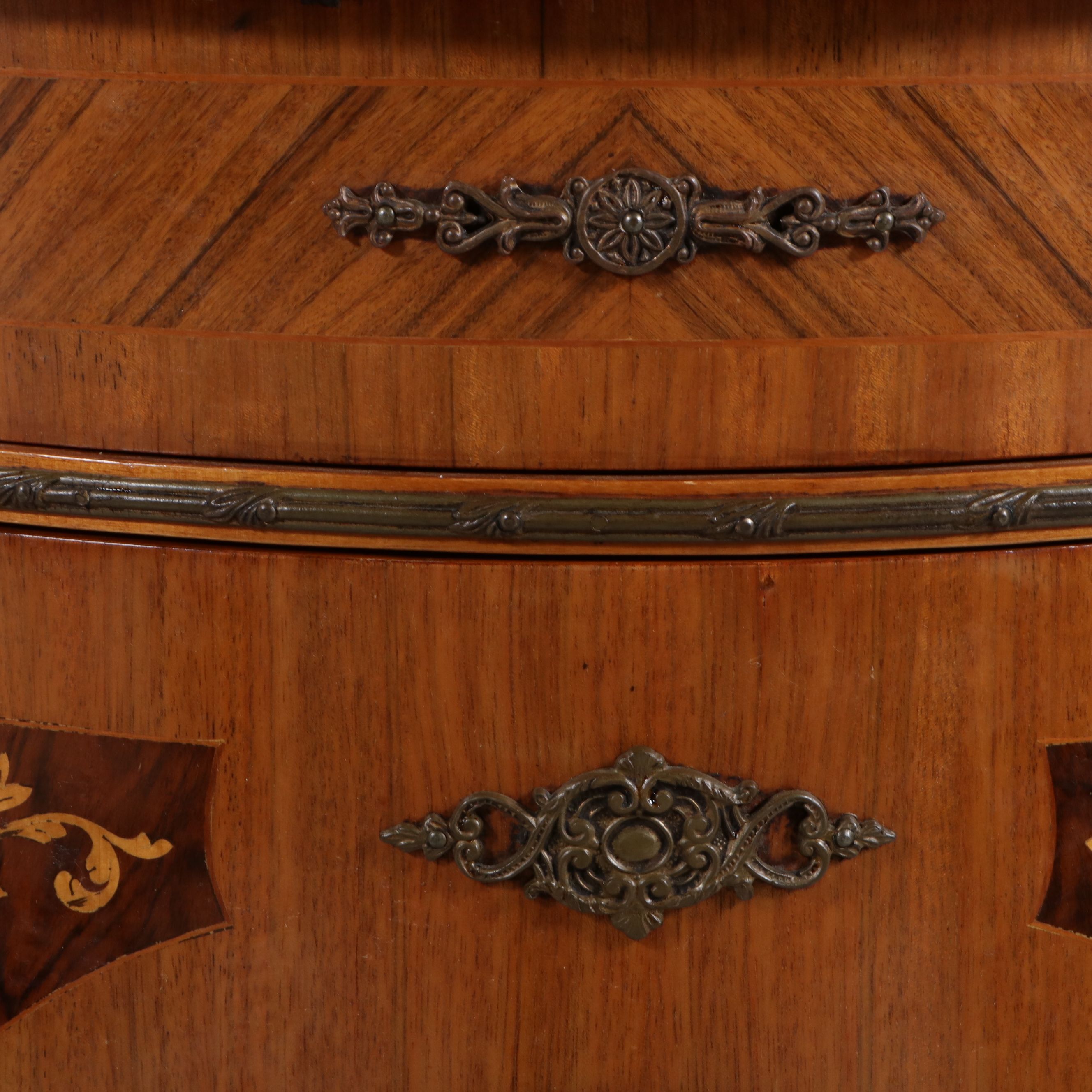 Napoleon III Style Marquetry Marble Top Side Cabinet, Mid to Late 20th Century
