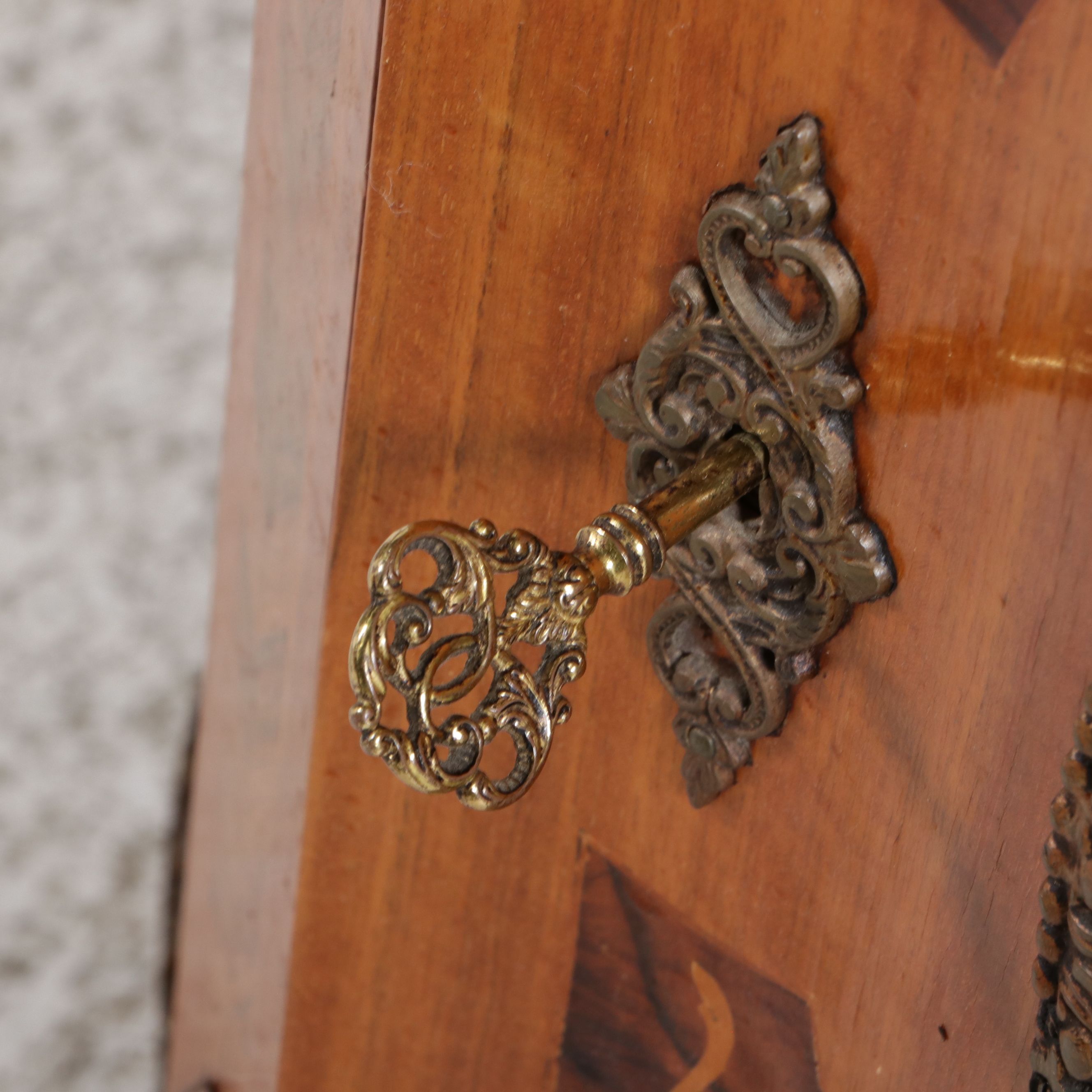 Napoleon III Style Marquetry Marble Top Side Cabinet, Mid to Late 20th Century