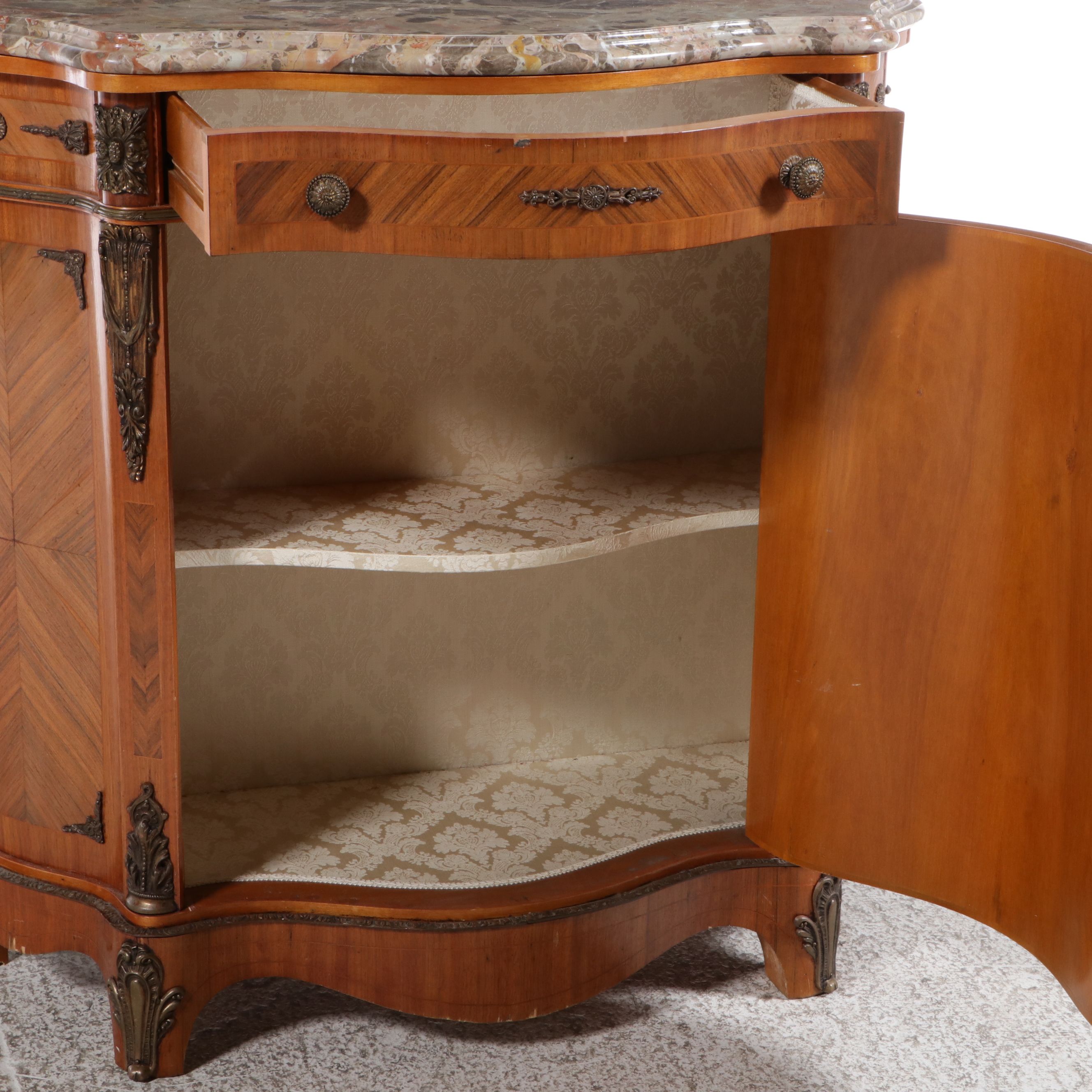 Napoleon III Style Marquetry Marble Top Side Cabinet, Mid to Late 20th Century